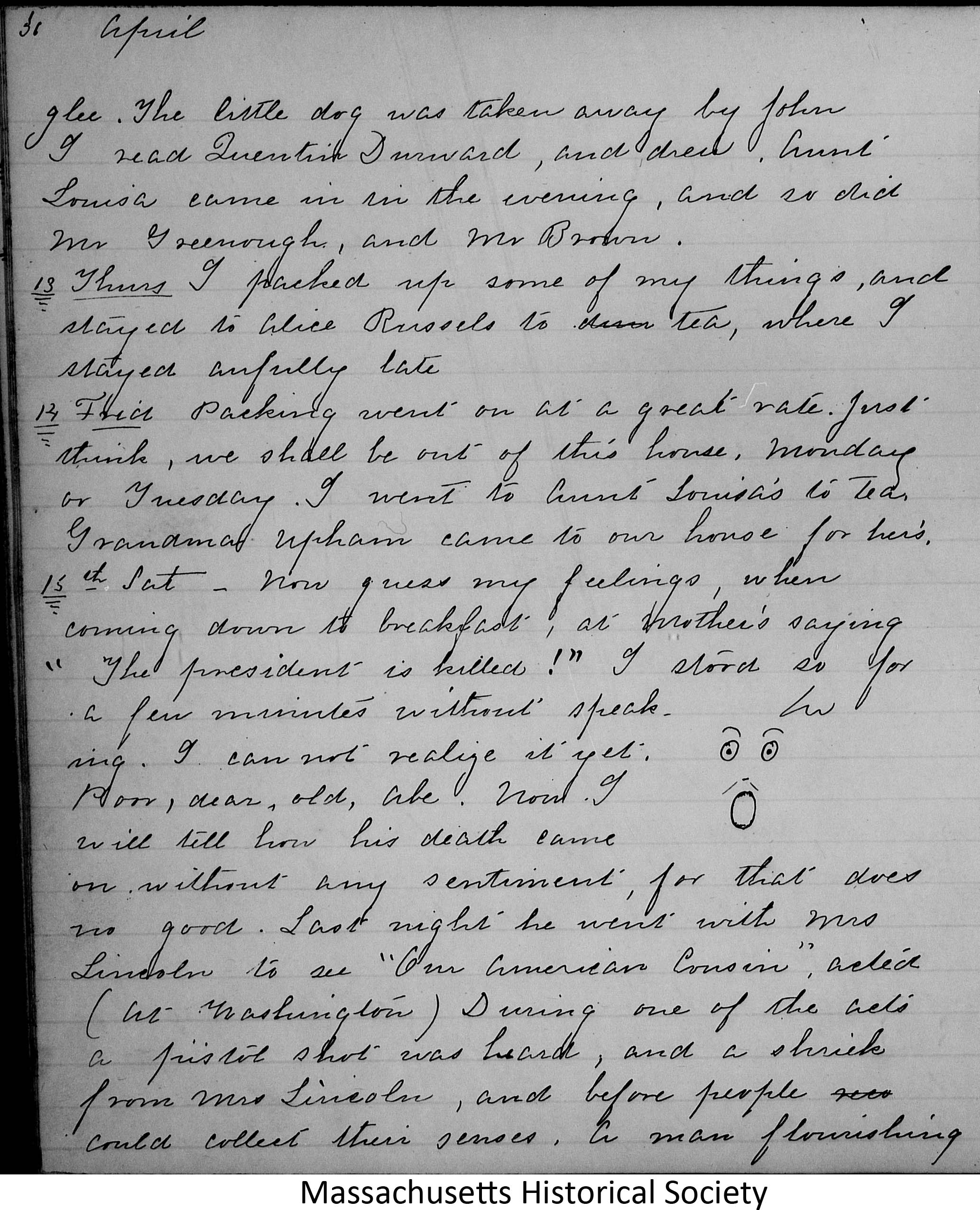 Sarah Gooll Putnam diary 7 excerpt, entries for 13-17 April 1865