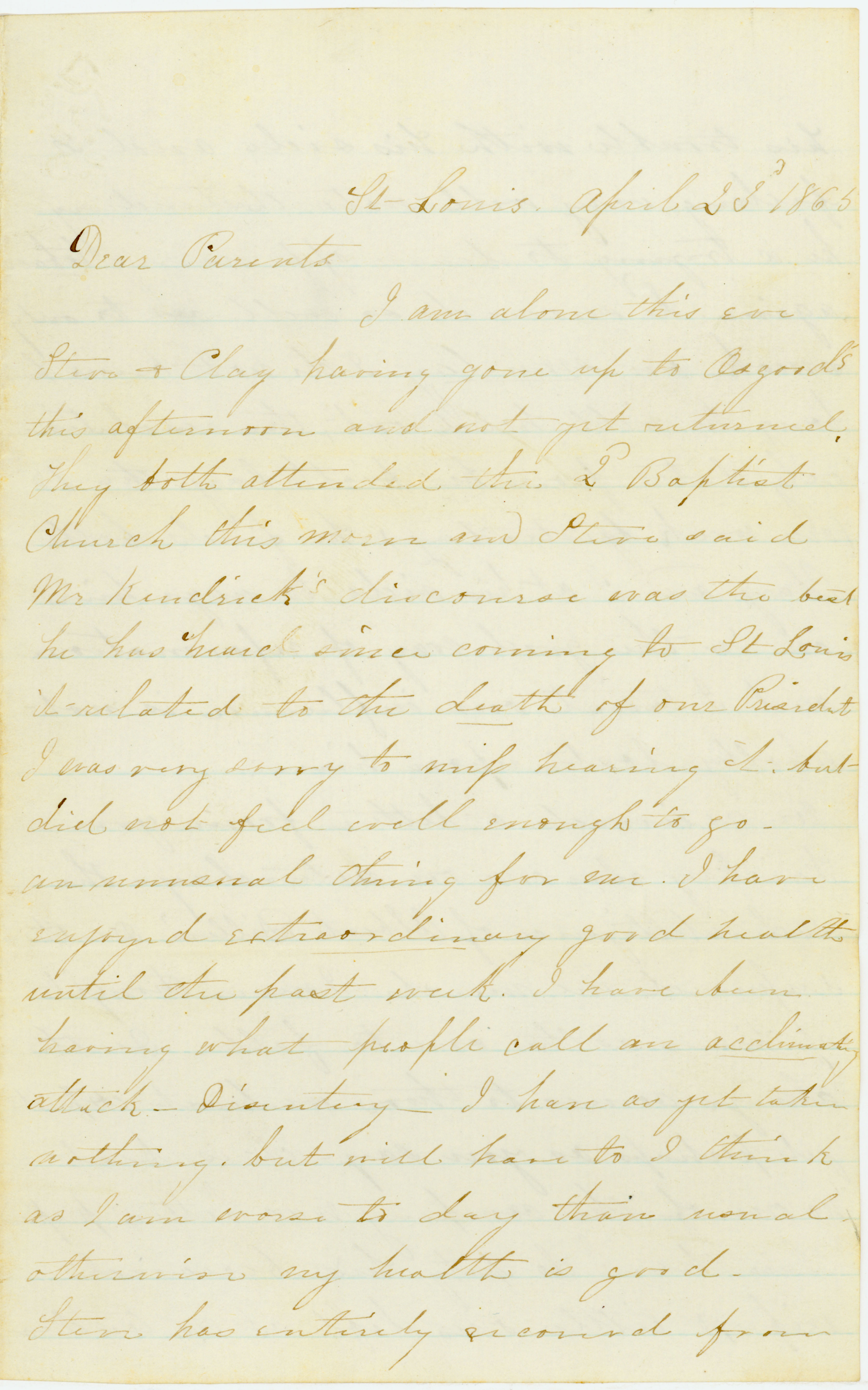 Letter signed Althea [Althea Johnson] and Clay, St. Louis, to Parents, April 23, 1865