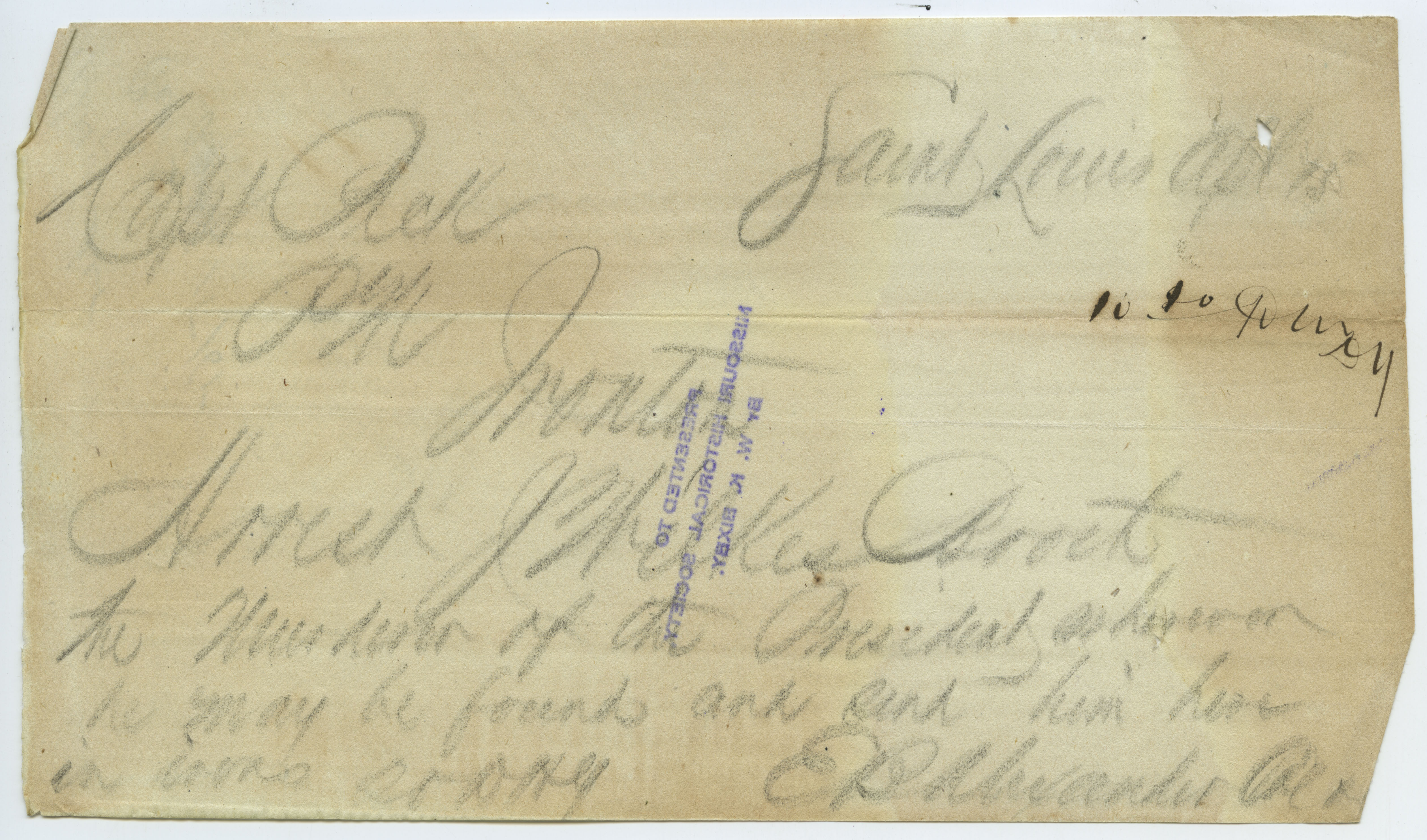 Contemporary copy of telegram of E. B. Alexander, Saint Louis, to Capt. Peck, Ironton, April 15, 1865