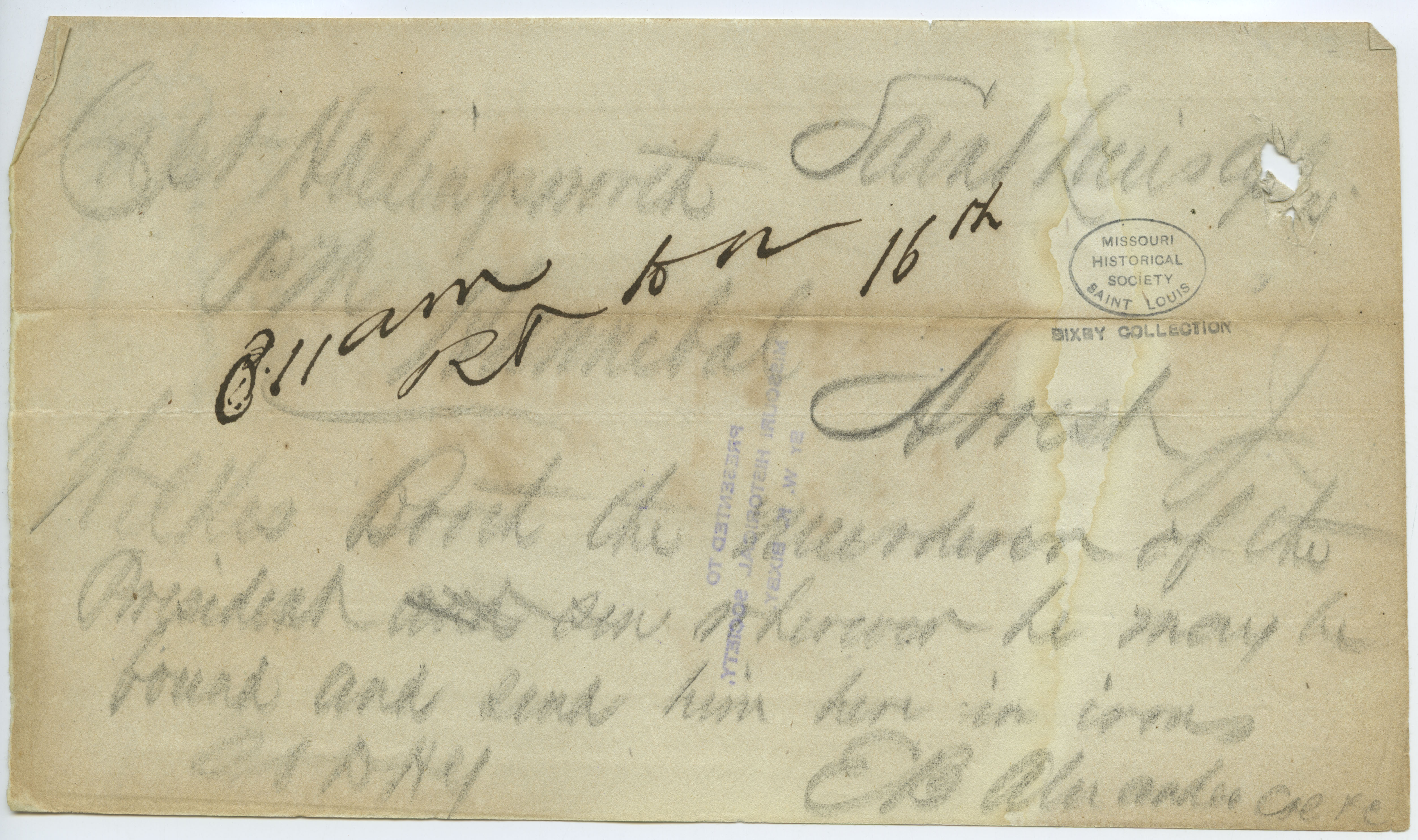 Contemporary copy of telegram of E. B. Alexander, Saint Louis, to Capt. Hollingsworth, Hannibal, [April 15, 1865]