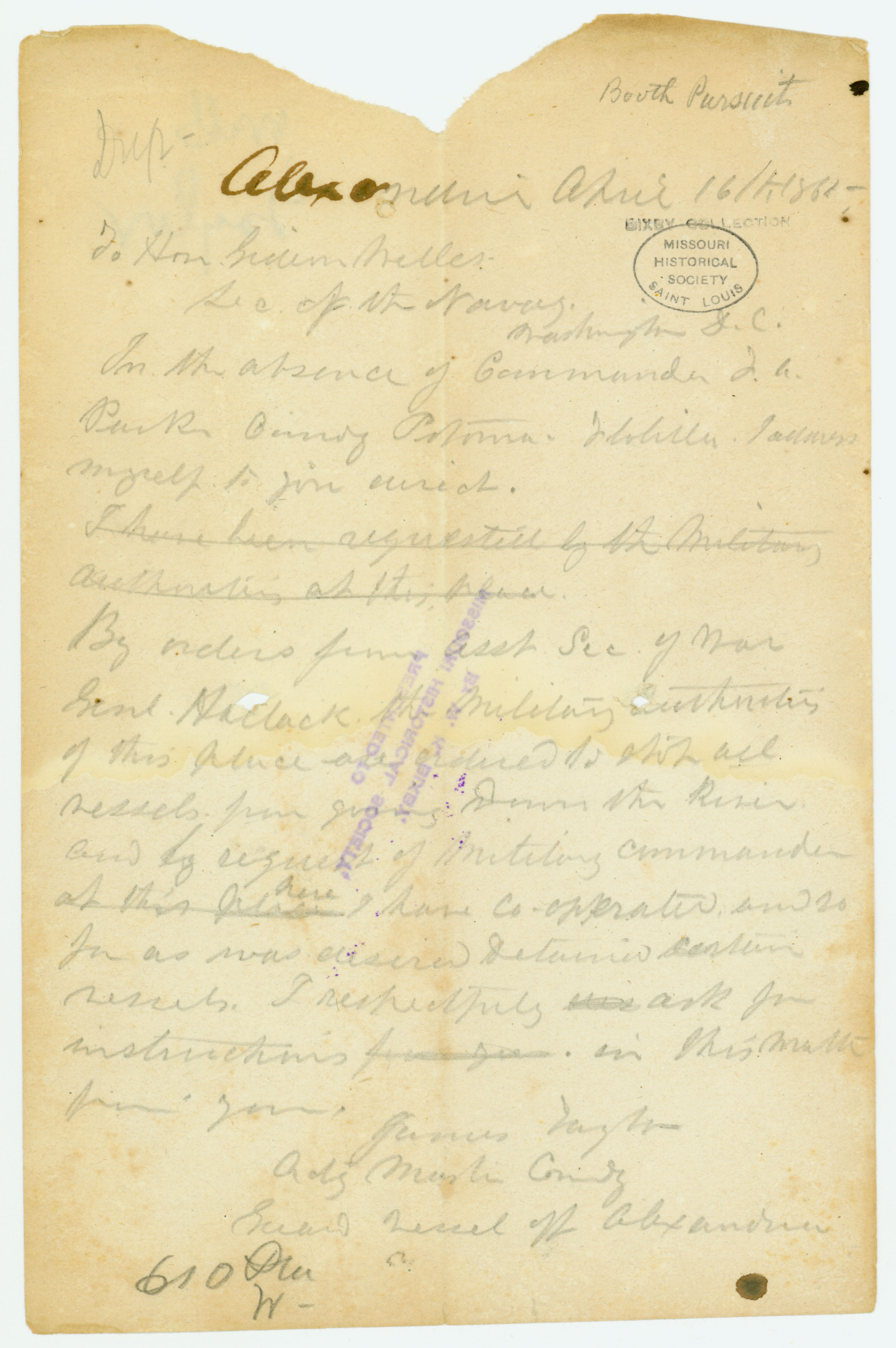 Contemporary copy of telegram of James Taylor, Adj. Master Comdg., Guard Vessel off Alexandria, to Hon. Gideon Welles, Sec. of the Navy, Washington, D.C., April 16, 1865