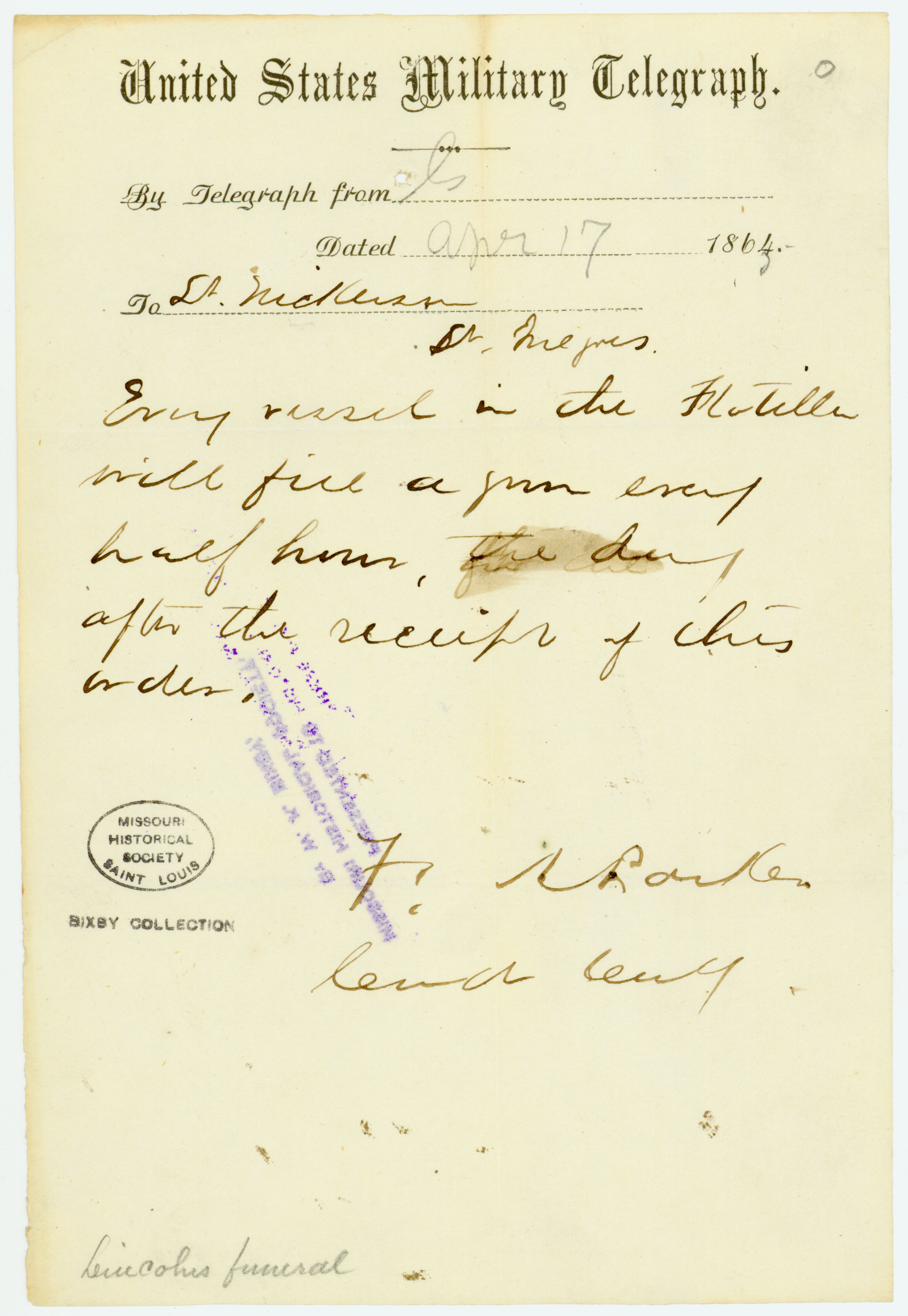 Telegram of F. A. Parker to Lt. Nickerson, April 17, 1865