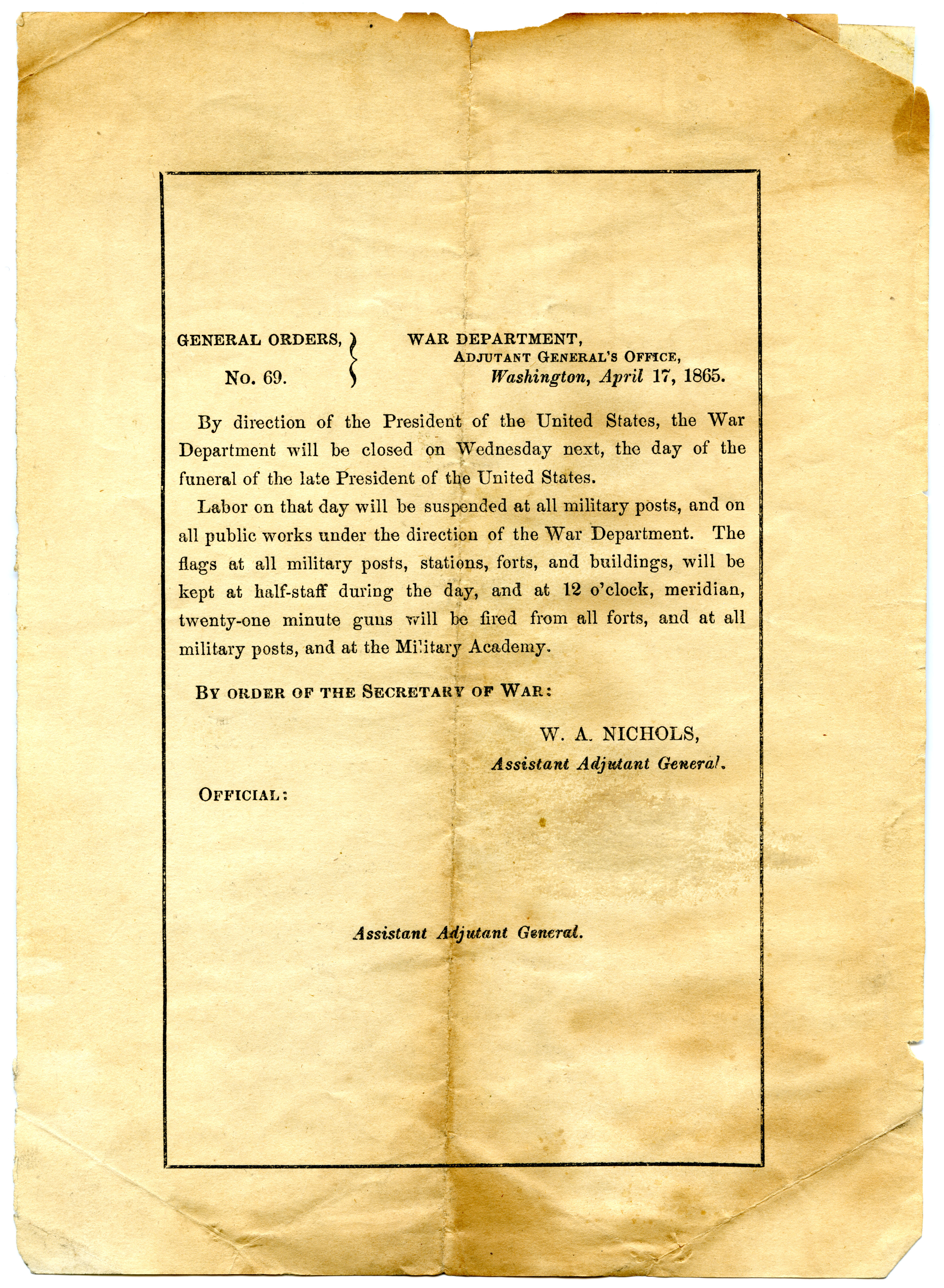 General Orders, No. 69, War Department, Adjutant General's Office, Washington, April 17, 1865