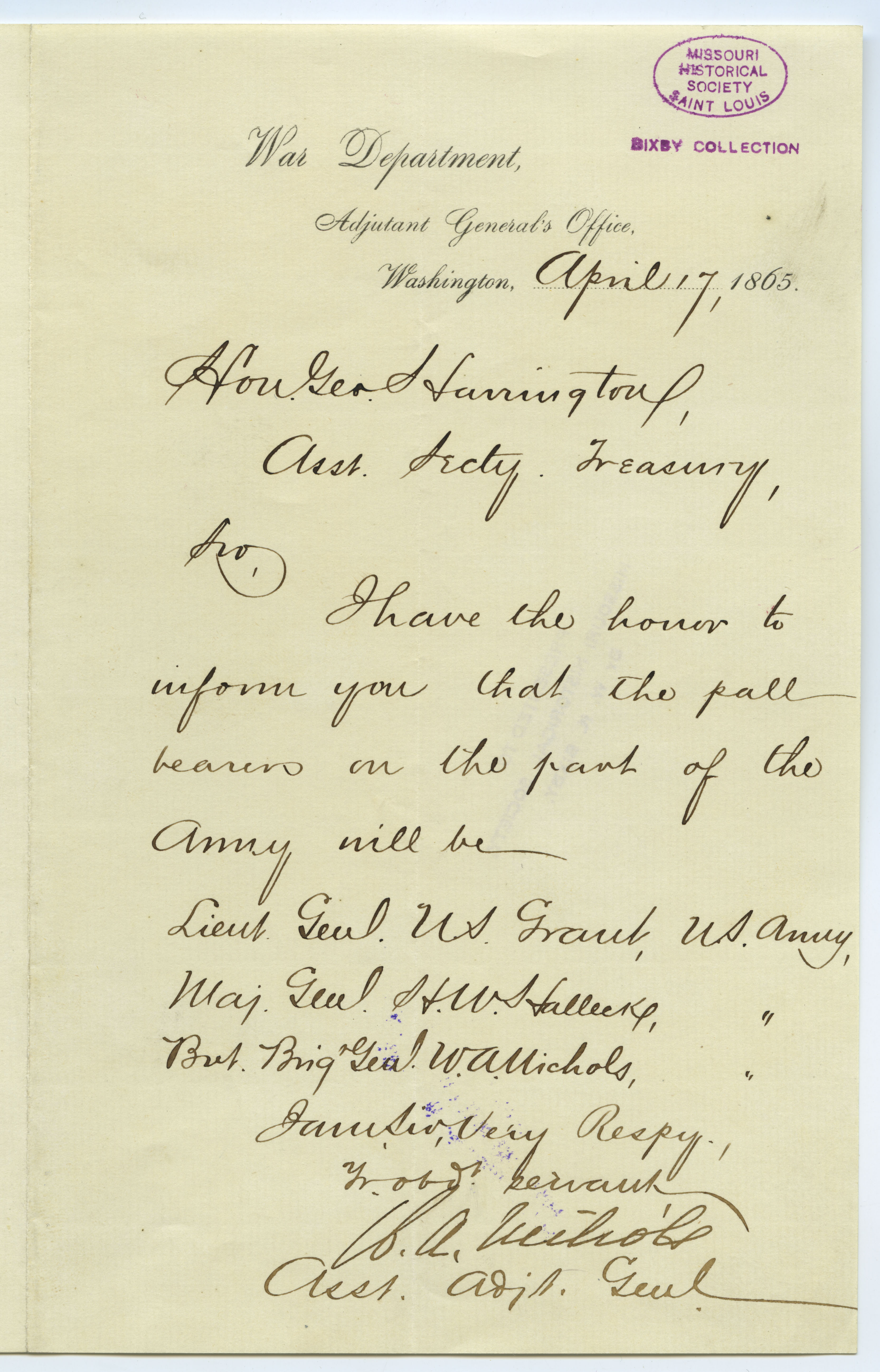 Note signed W.A. Nichols, Asst. Adjt. Genl., War Department, Adjutant General's Office, Washington, to Hon. Geo. Harrington [George Harrington], Asst. Secty. Treasury, April 17, 1865