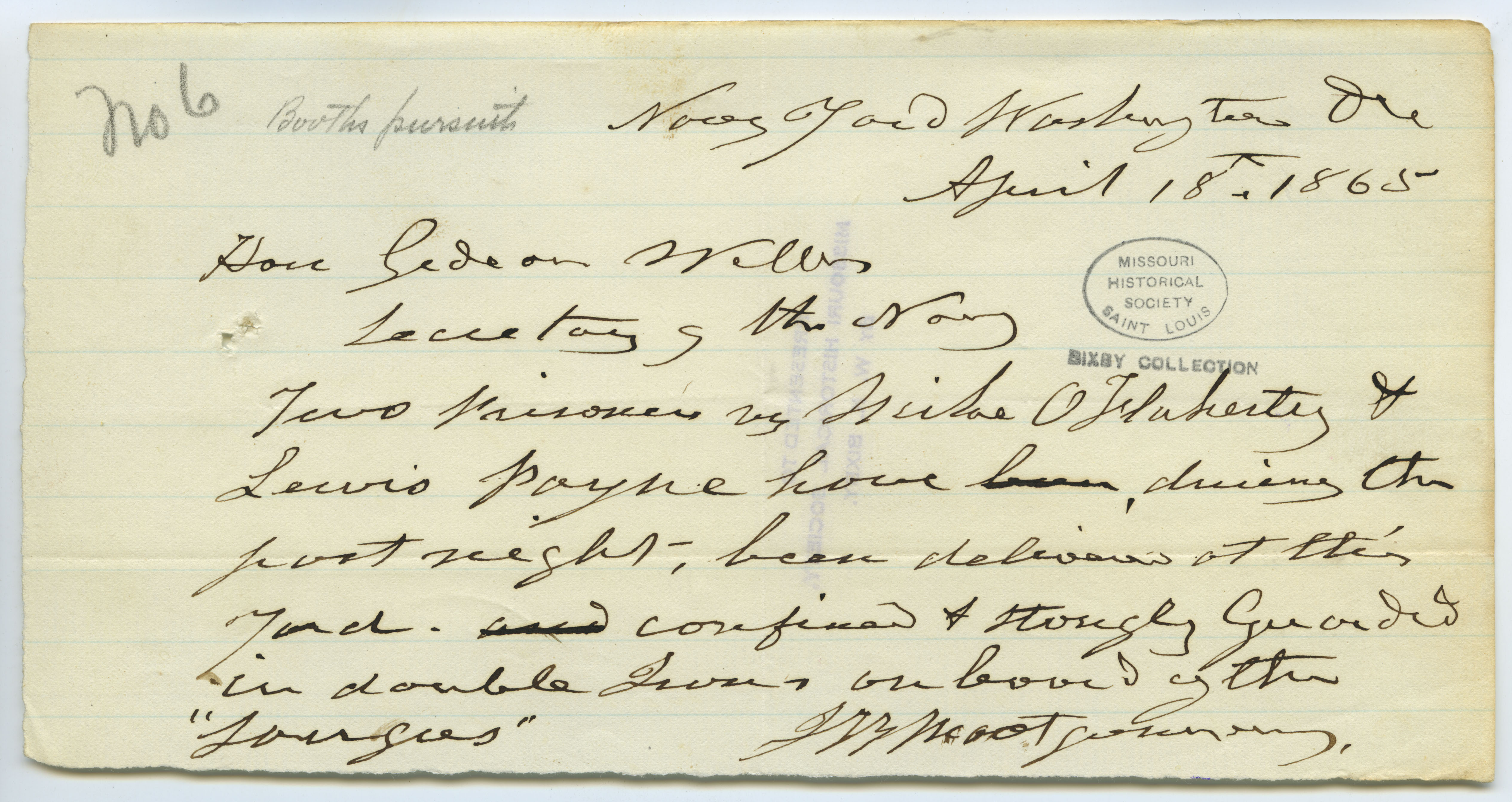 Contemporary copy of telegram of J.B. Montgomery, Navy Yard, Washington, D.C., to Hon. Gideon Welles, Secretary of the Navy, April 18, 1865