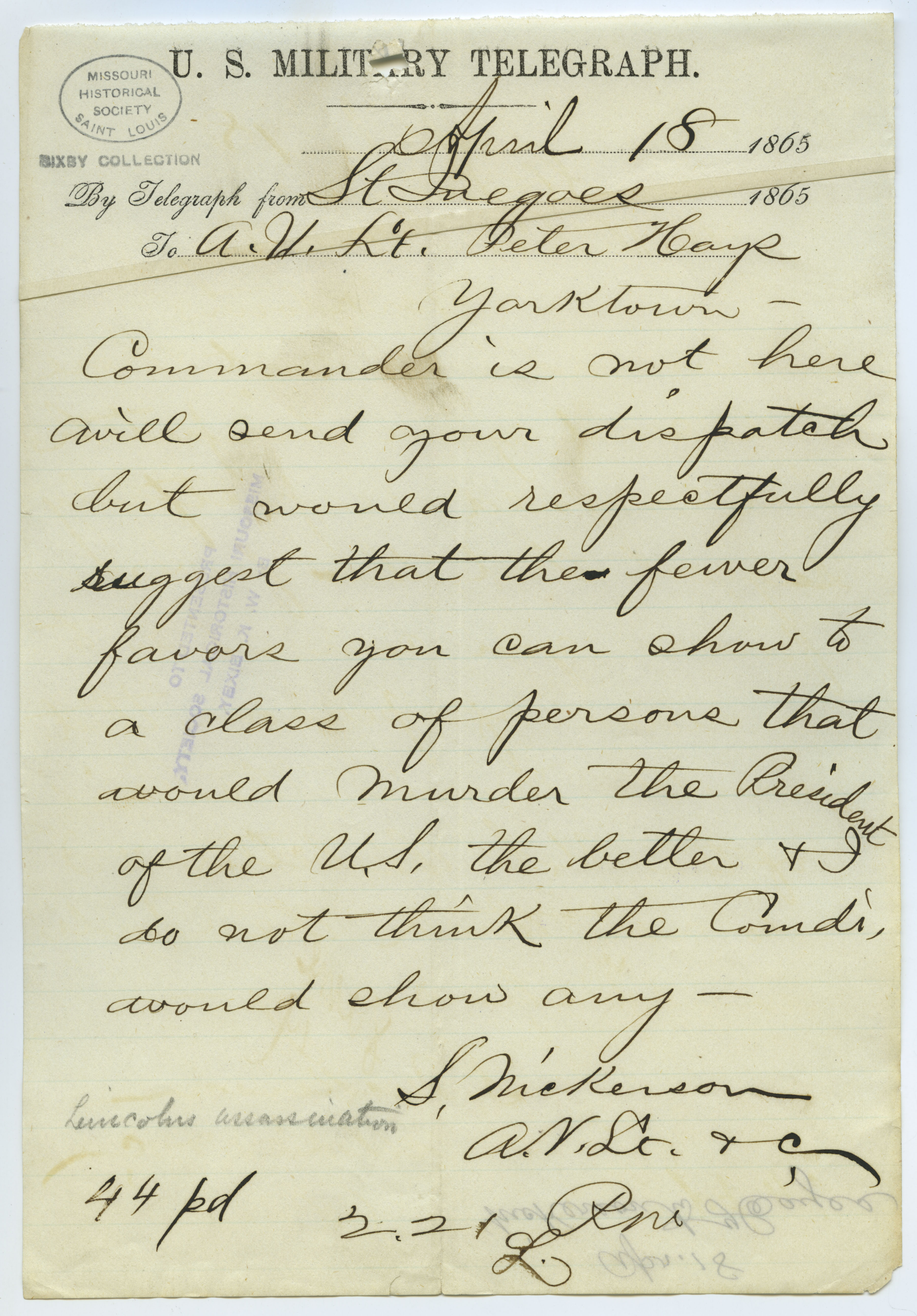 U.S. Military Telegraph of S. Nickerson, St. Inegoes [St. Inigoes], to A.N. Lt. Peter Hays, Yorktown, April 18, 1865