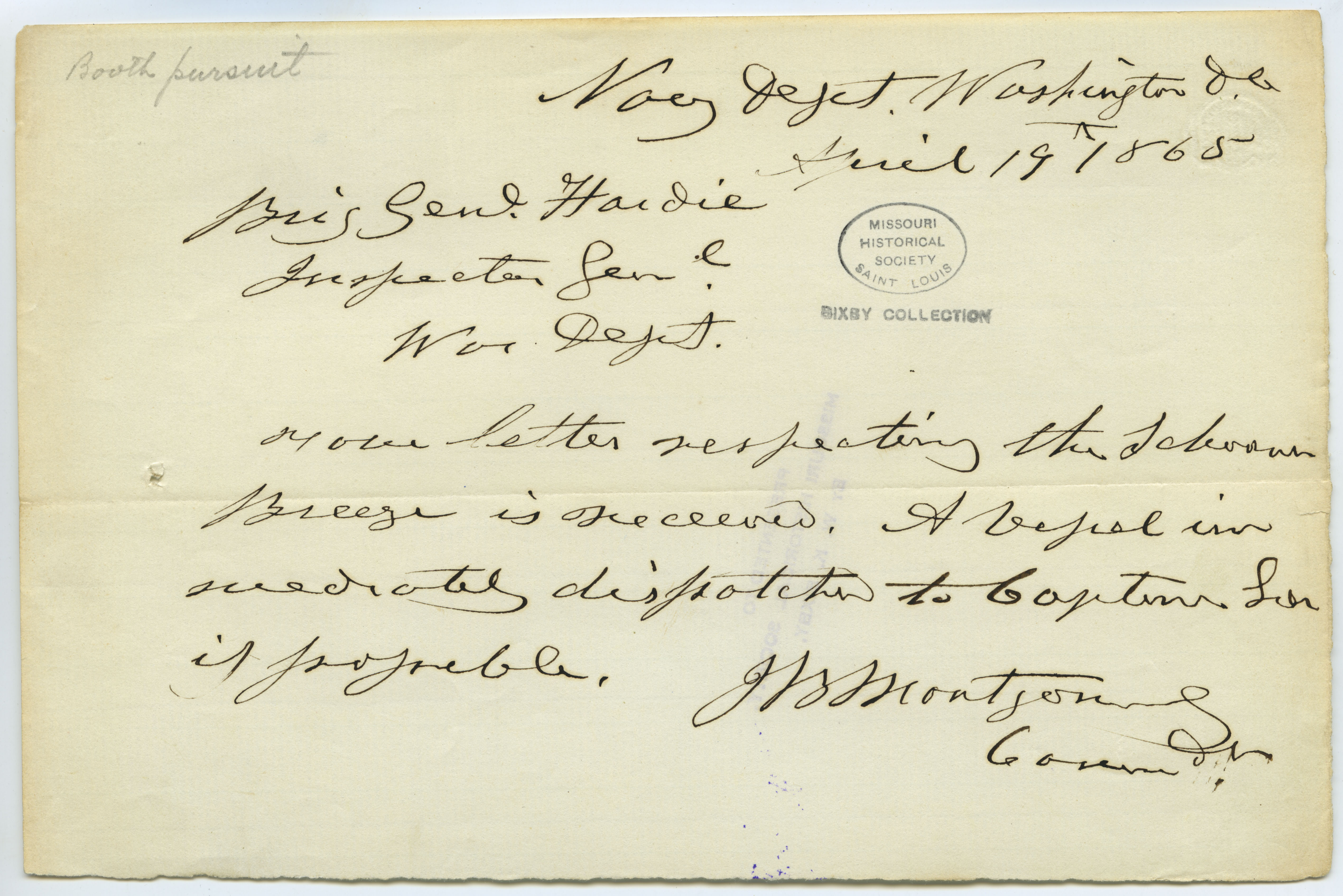 Contemporary copy of telegram of J.B. Montgomery, Navy Department, Washington, D.C., to Brig. Genl. Hardie, Inspector Genl., War Dept., April 19, 1865