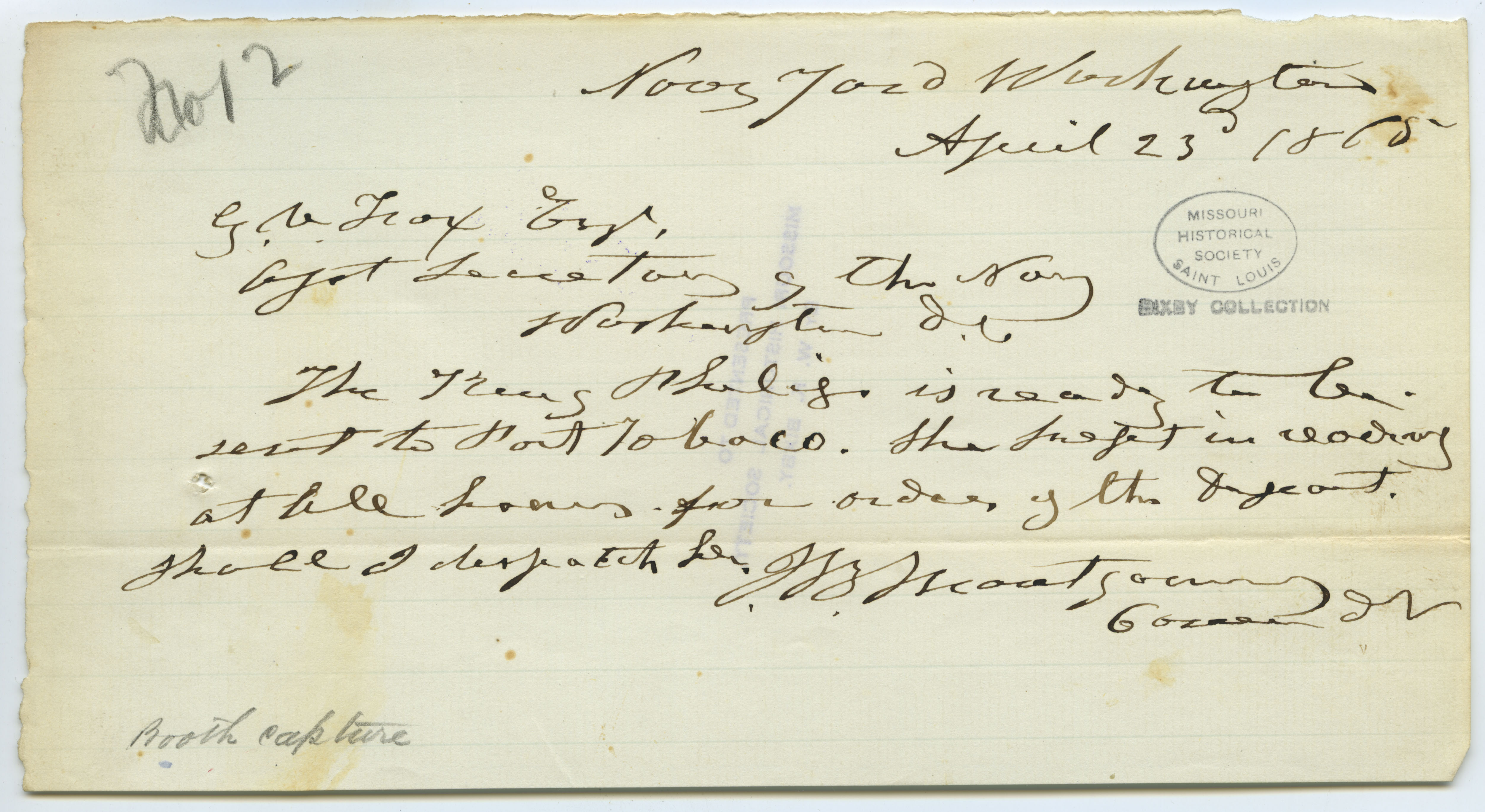 Contemporary copy of telegram of J.B. Montgomery, Navy Yard, Washington, to G.V. Fox Esq., Asst. Secretary of the Navy, Washington, D.C., April 23, 1865