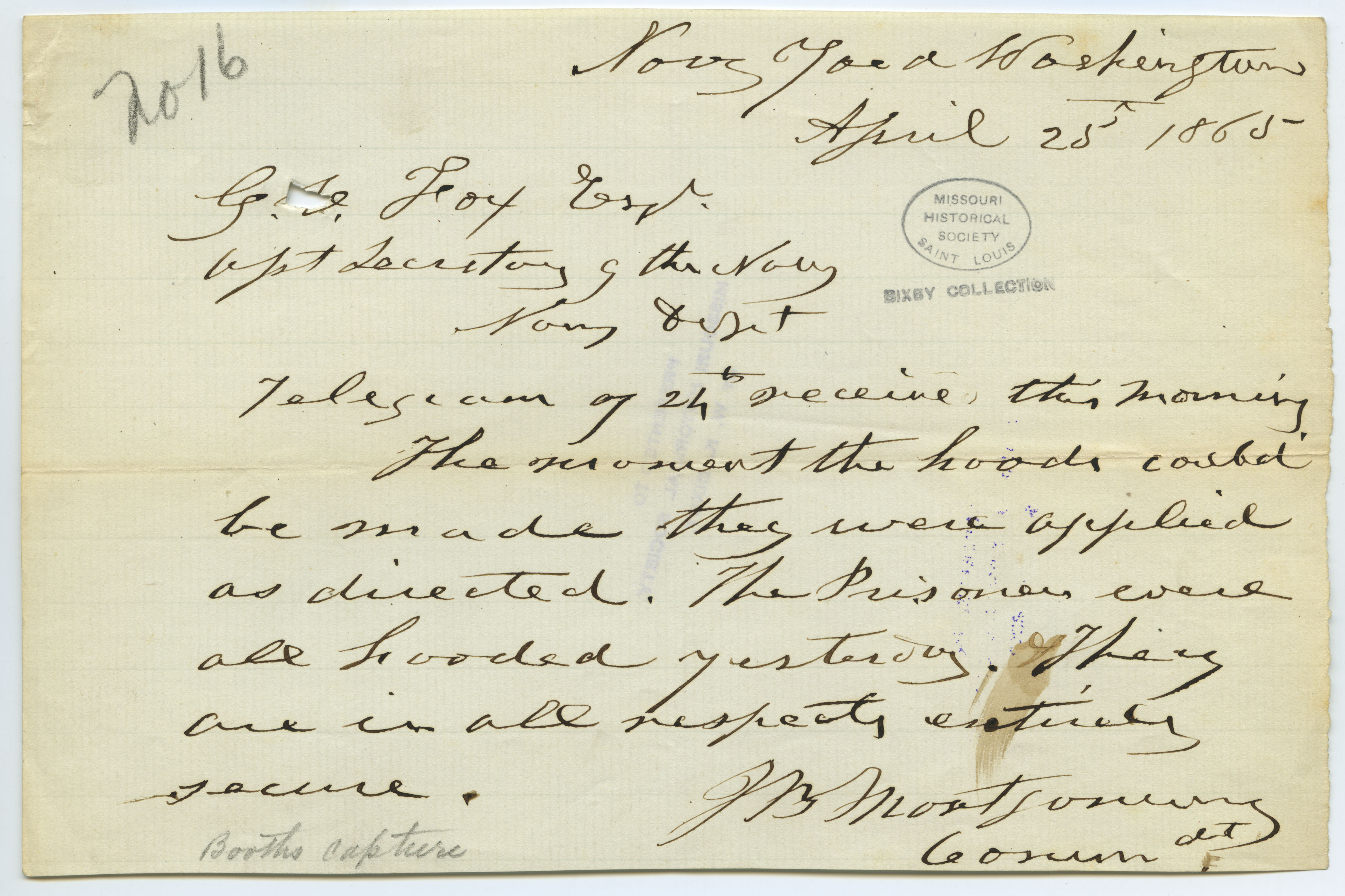 Contemporary copy of telegram of J.B. Montgomery, Navy Yard, Washington, to G.V. Fox, Asst. Secretary of the Navy, Navy Dept., April 25, 1865