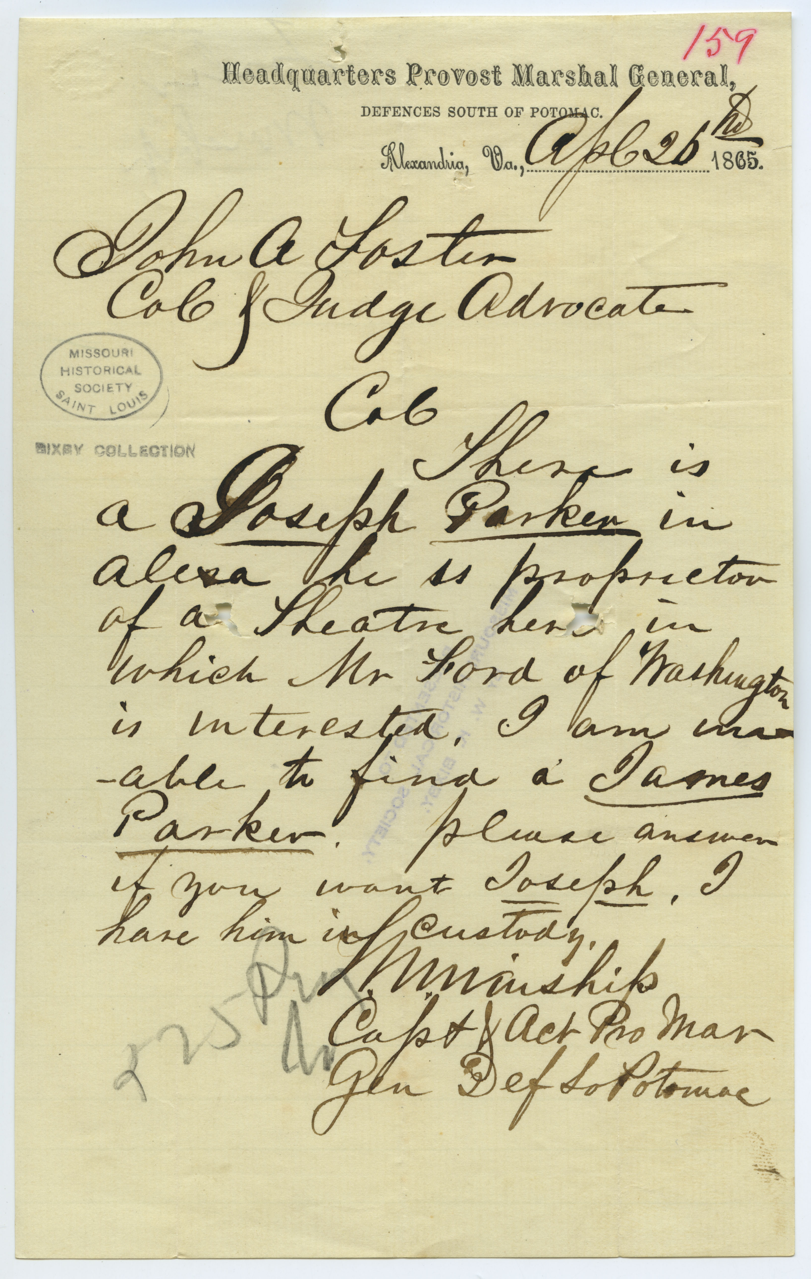 Note signed M. Winship, Headquarters Provost Marshal General, Defences South of Potomac, Alexandria, Va., to John A. Foster, April 26, 1865