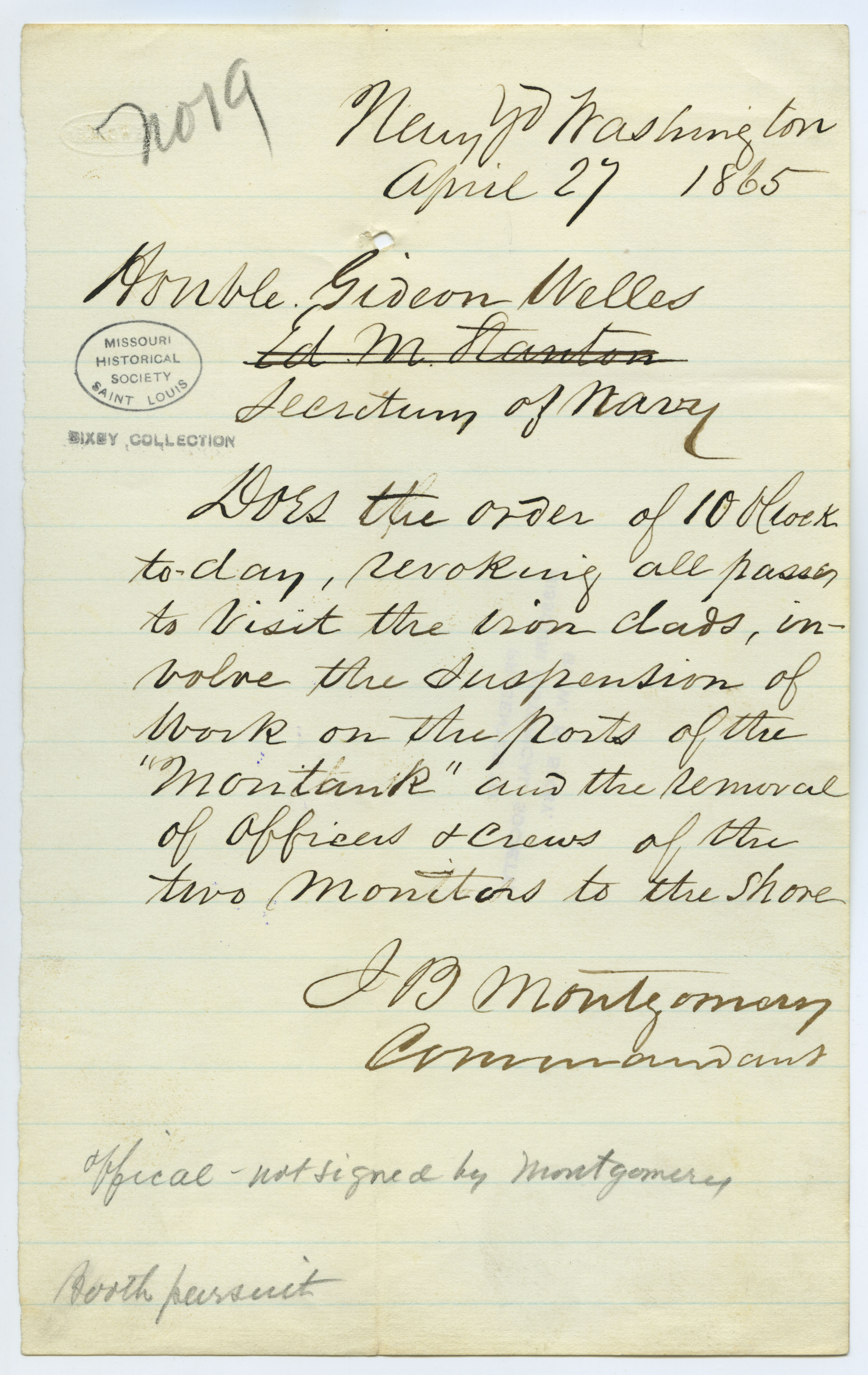 Contemporary copy of telegram of J.B. Montgomery, Commandant, Navy Yd., Washington, to Honble. Gideon Welles, Secretary of Navy, April 27, 1865