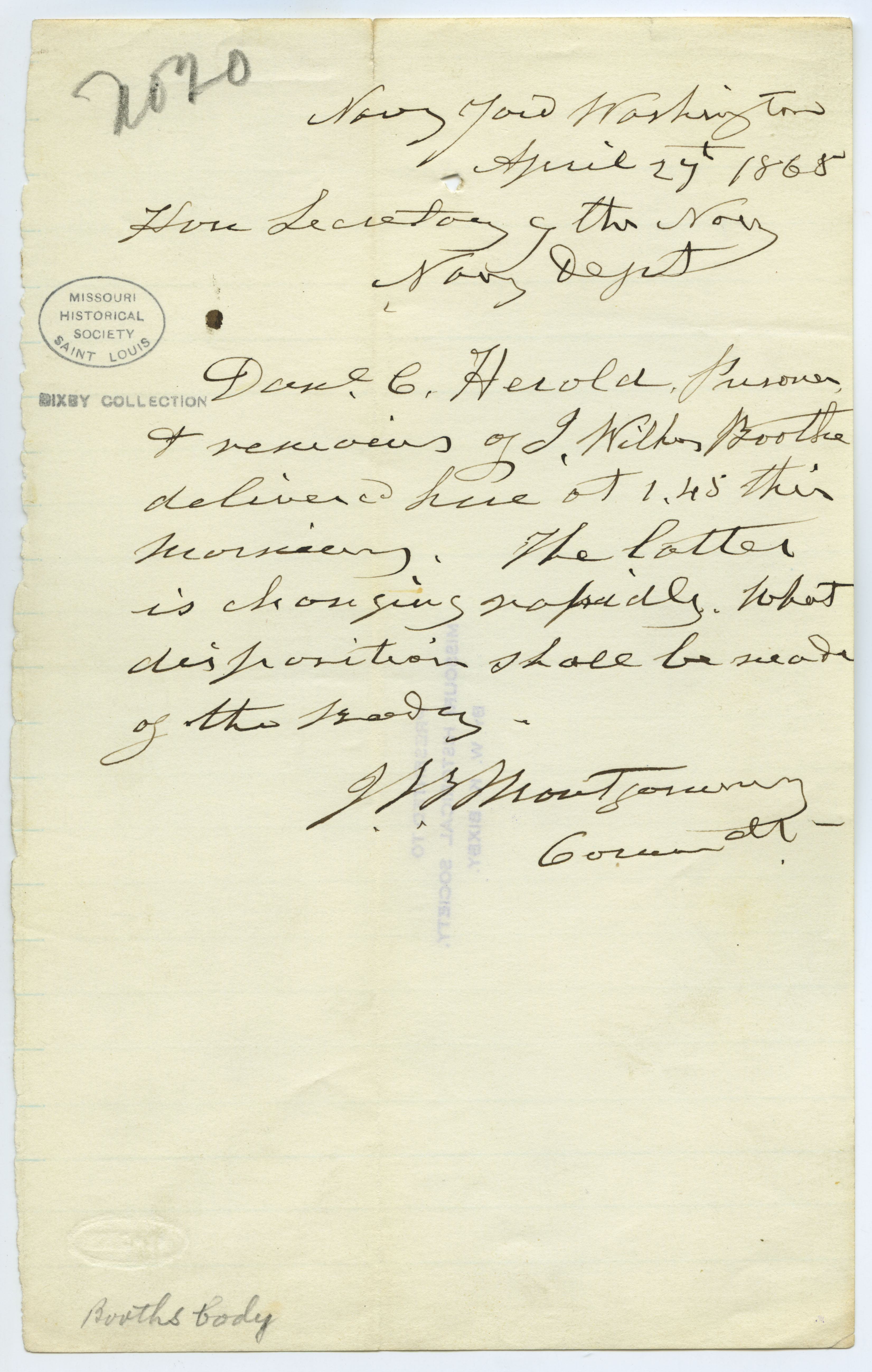 Contemporary copy of telegram of J.B. Montgomery, Navy Yard, Washington, to Hon. Secretary of the Navy [Gideon Welles], Navy Dept., April 27, 1865