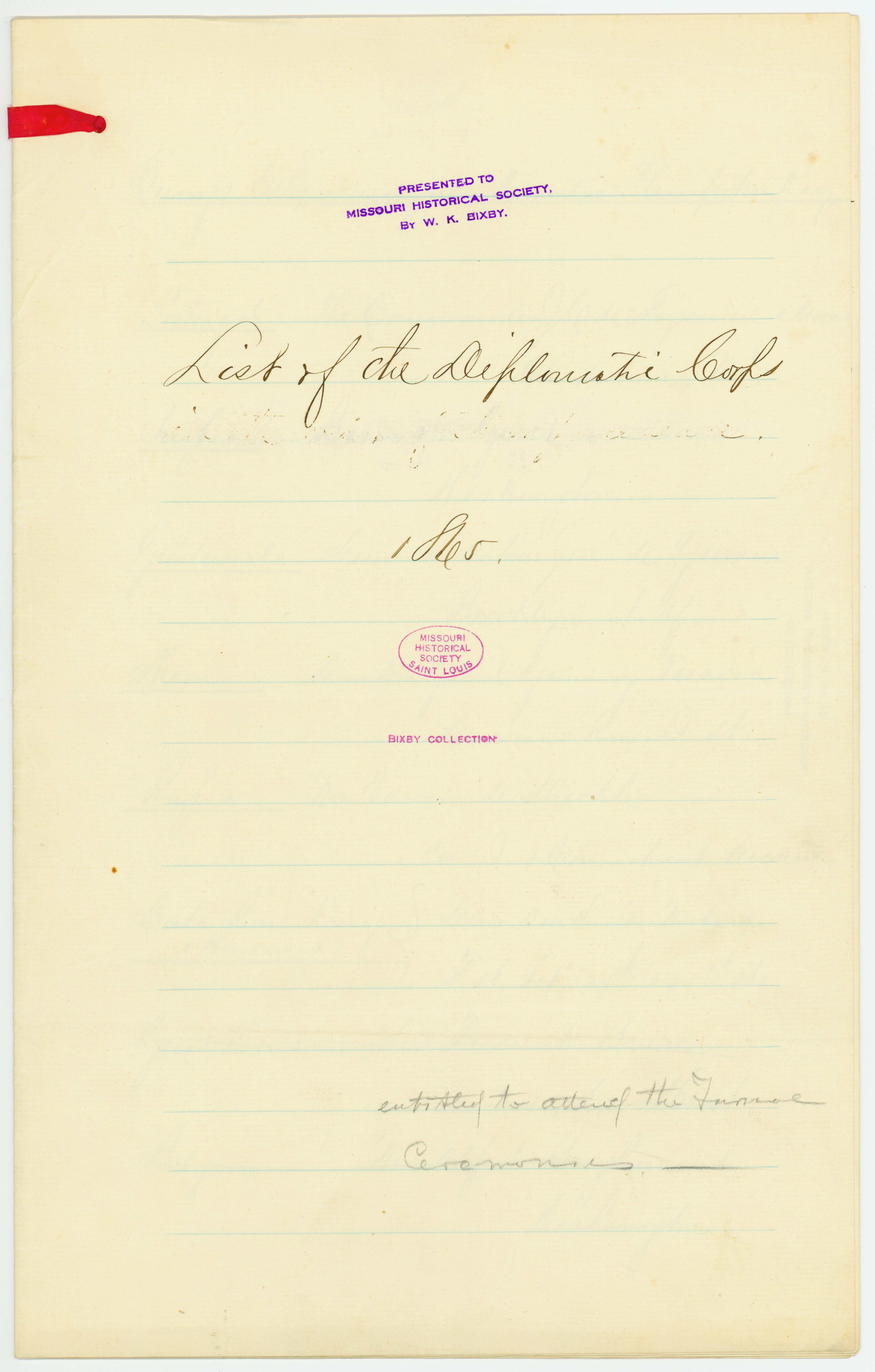 List of the Diplomatic Corps entitled to attend the funeral ceremonies of Abraham Lincoln, [April] 1865
