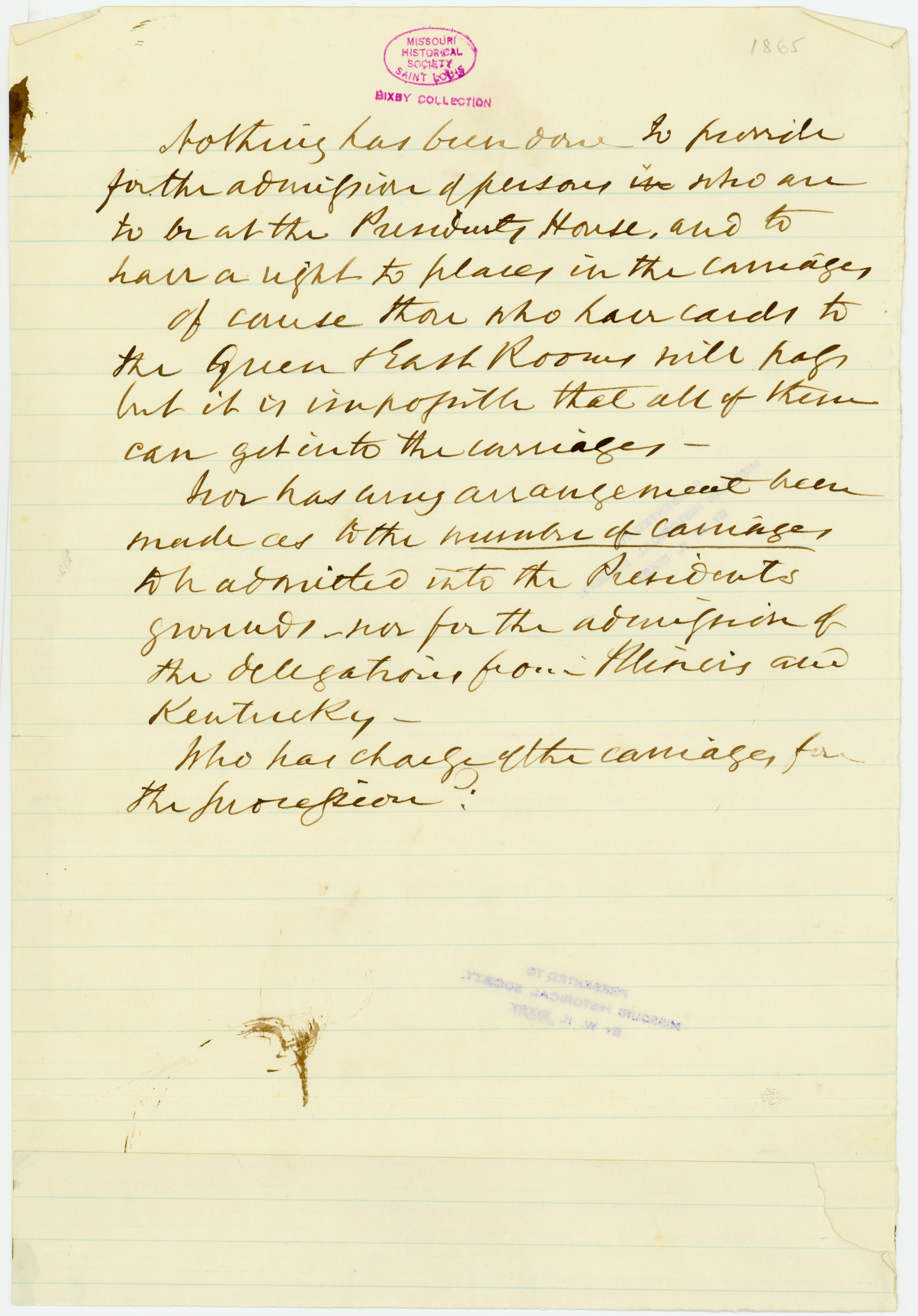 Note of George Harrington regarding guests at the White House for Abraham Lincoln's funeral, [April 1865]