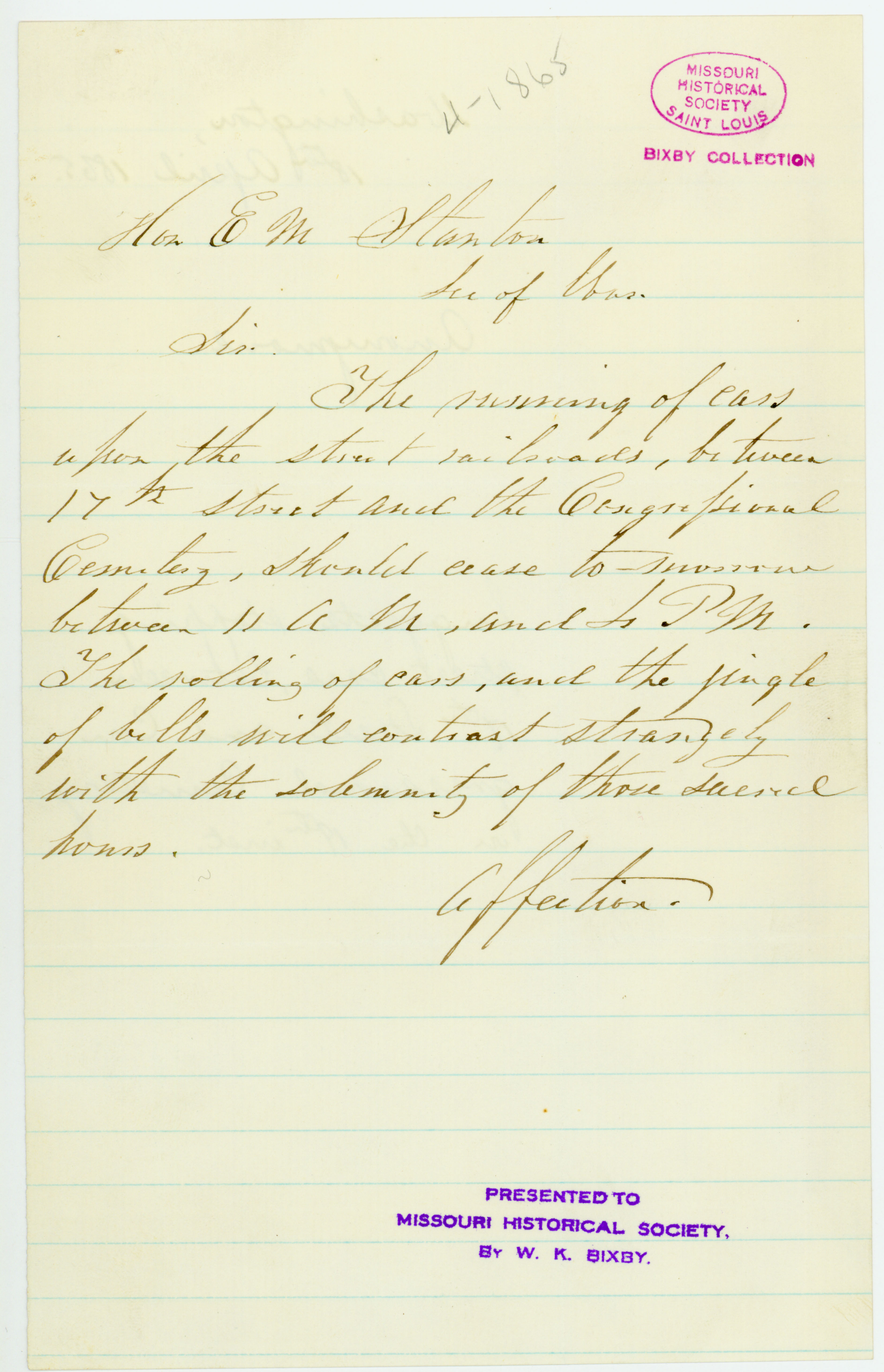Unsigned note to Hon. E.M. Stanton, [April 1865]