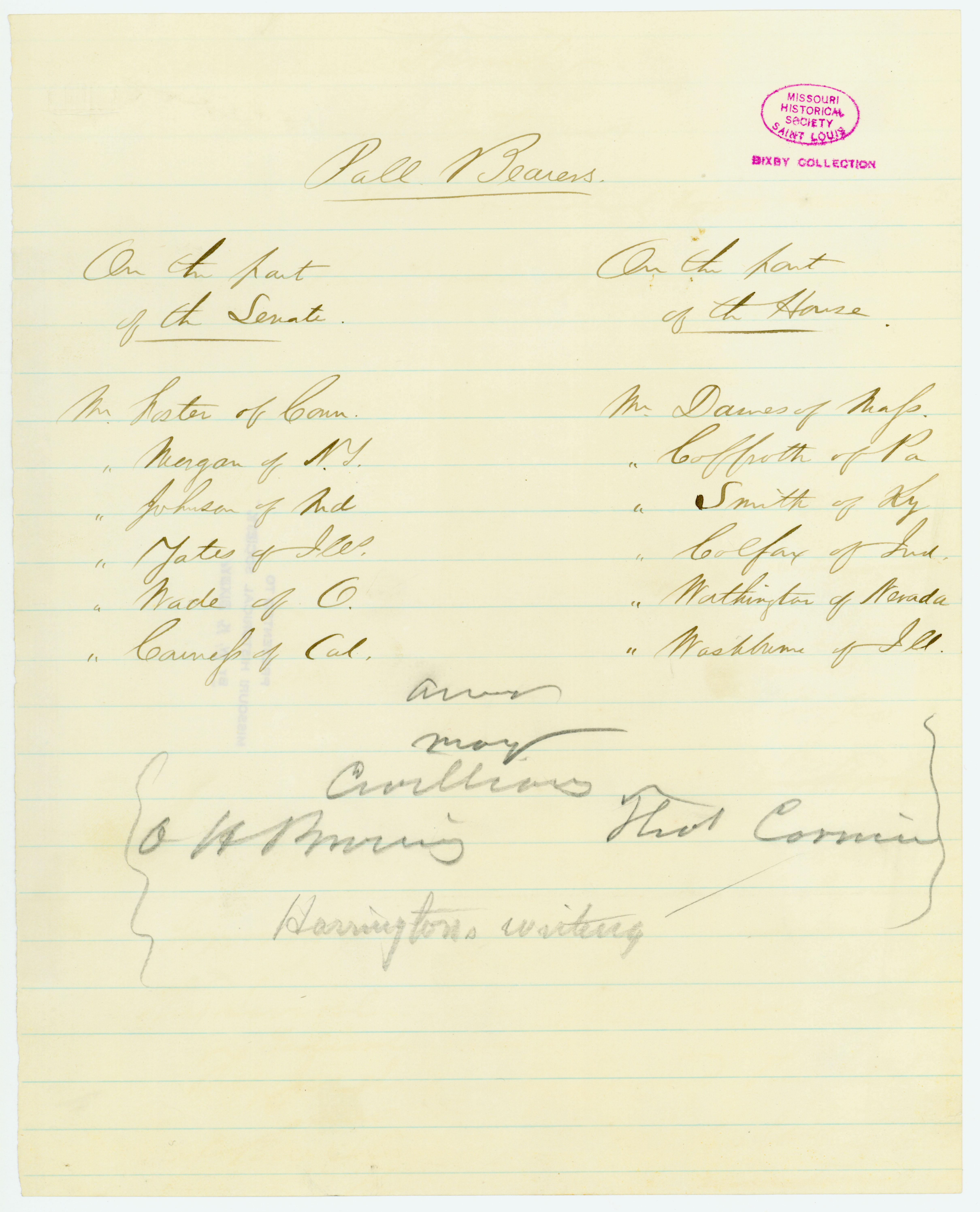 List of pallbearers for Abraham Lincoln's funeral, [April 1865]