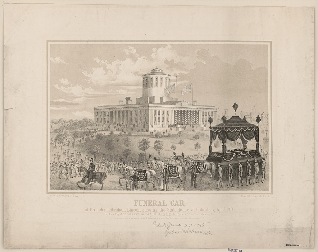 Funeral car of President Abraham Lincoln passing the State House at Columbus, April 29 