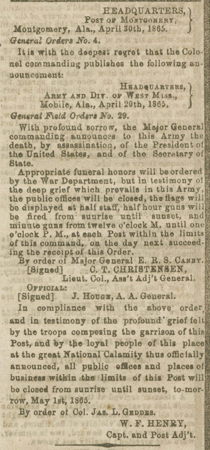 Military orders issued in Montgomery, Alabama, after the death of President Lincoln.