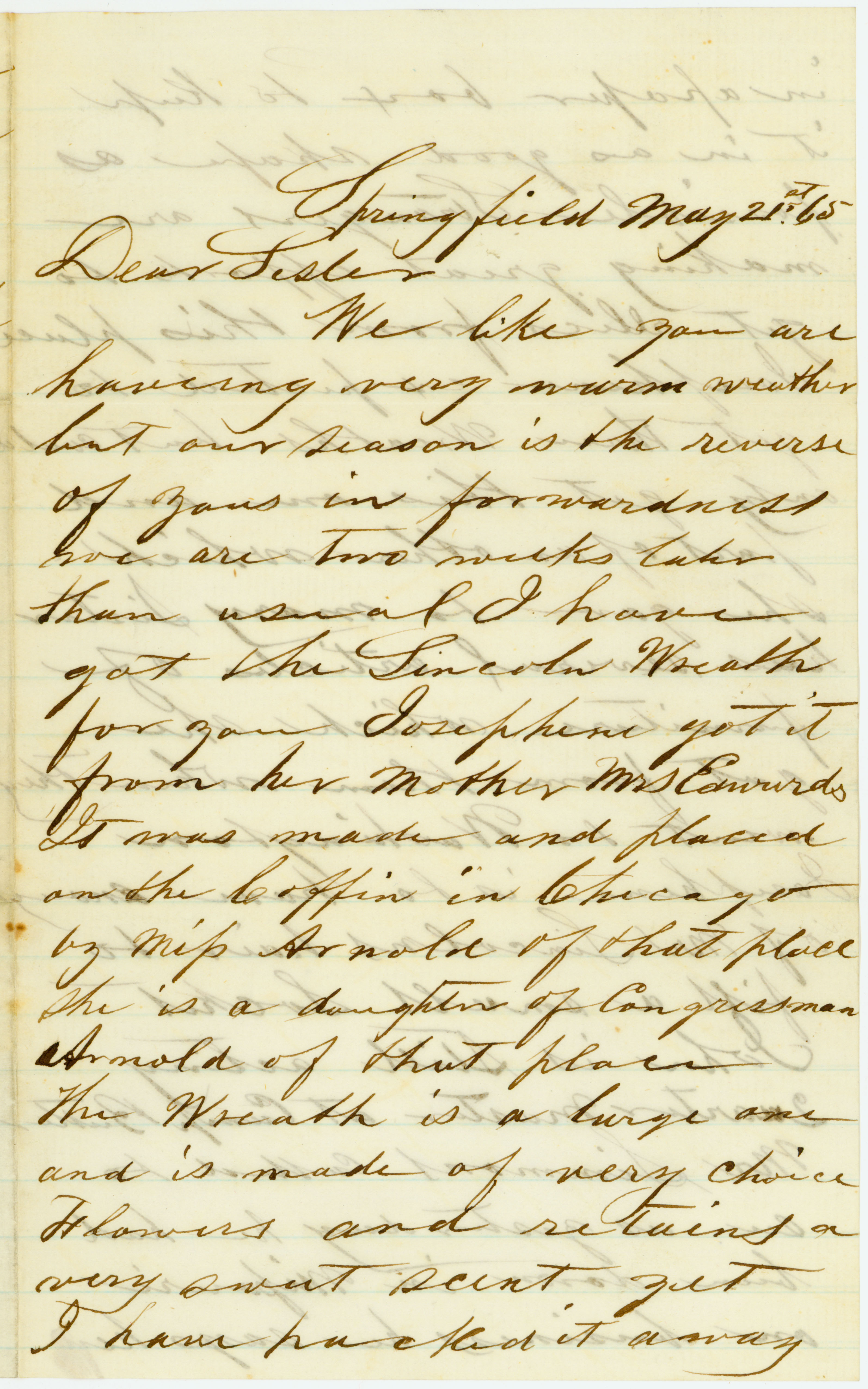 Letter of A. M. Black, Springfield, to Sister [Jane Black], May 21, 1865