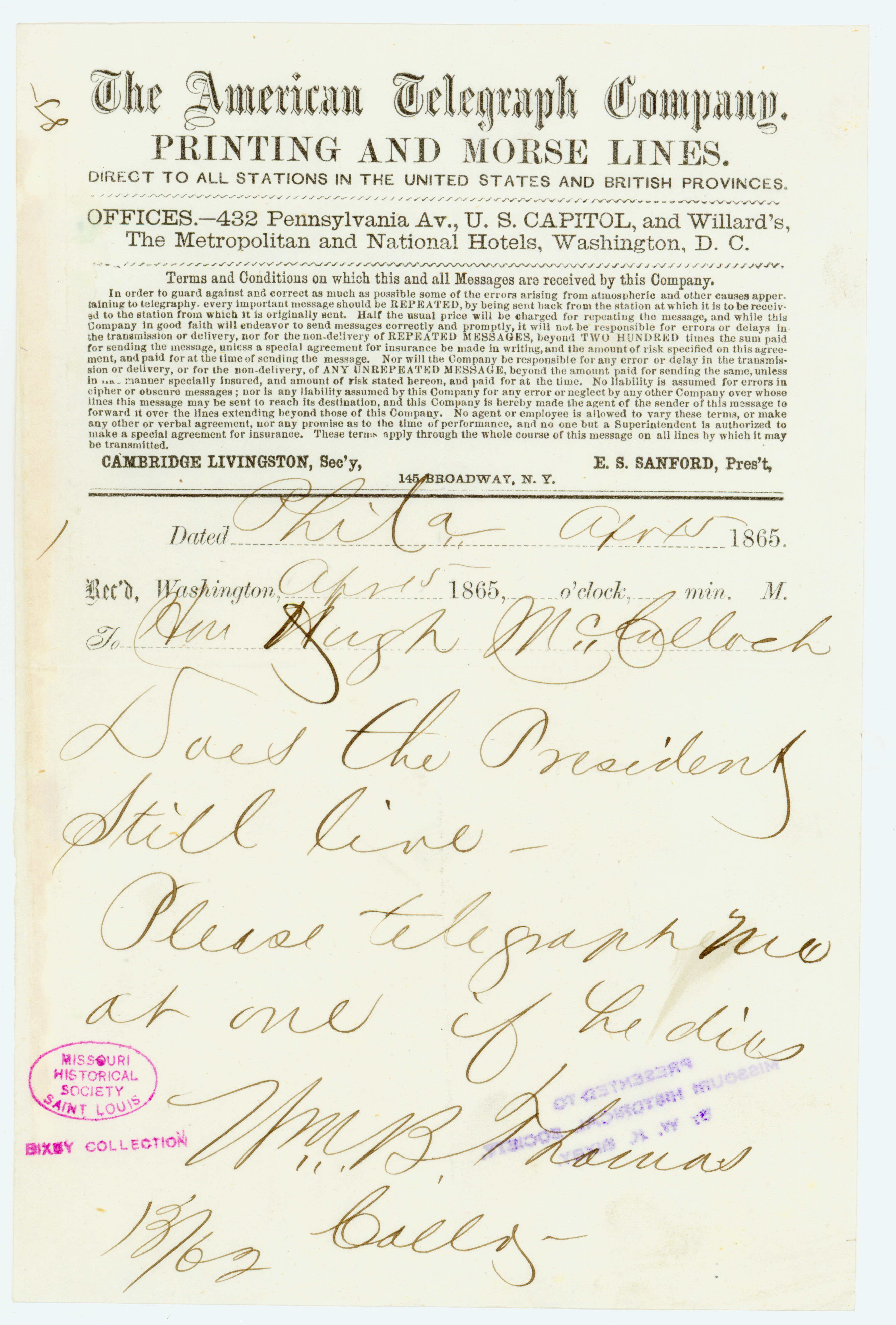 American Telegraph Company telegram of Wm. B. Thomas [William B. Thomas], Phila., to Hon. Hugh McCulloch, April 15, 1865
