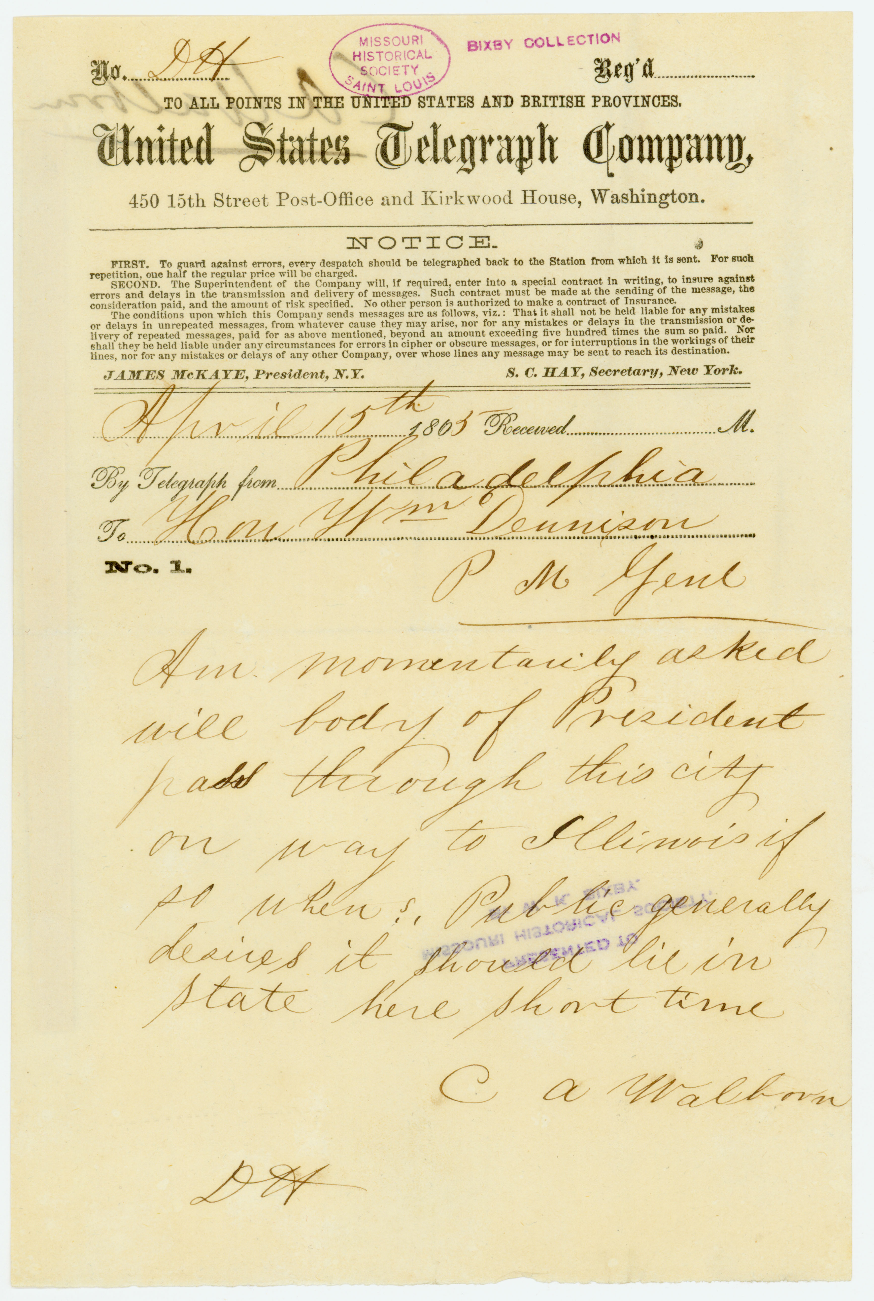United States Telegraph Company telegram of C.A. Walborn, Philadelphia, to Hon. Wm. Dennison [William Dennison], April 15, 1865