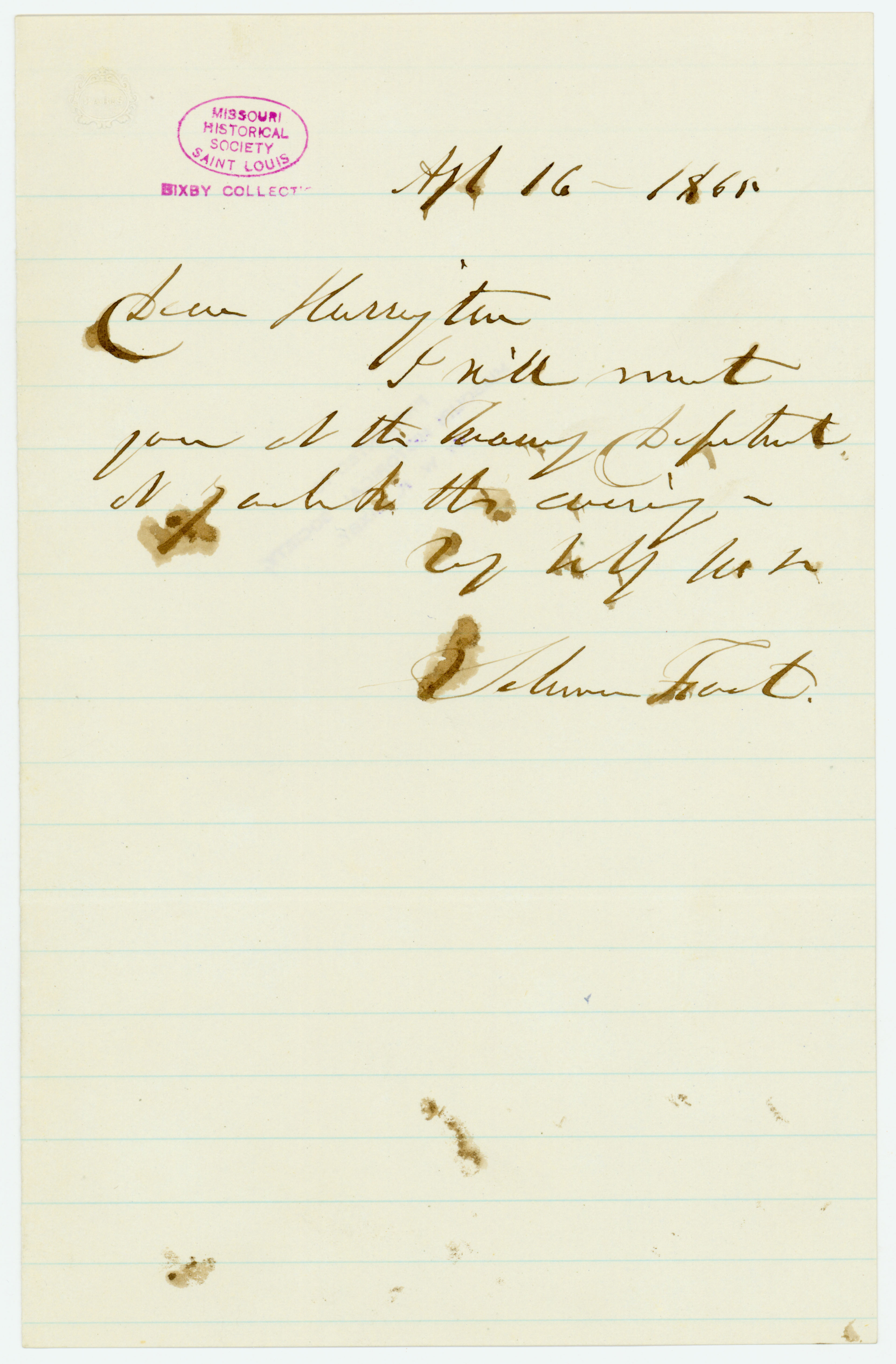 Note signed Salmon Foot to Harrington [George Harrington], April 16, 1865