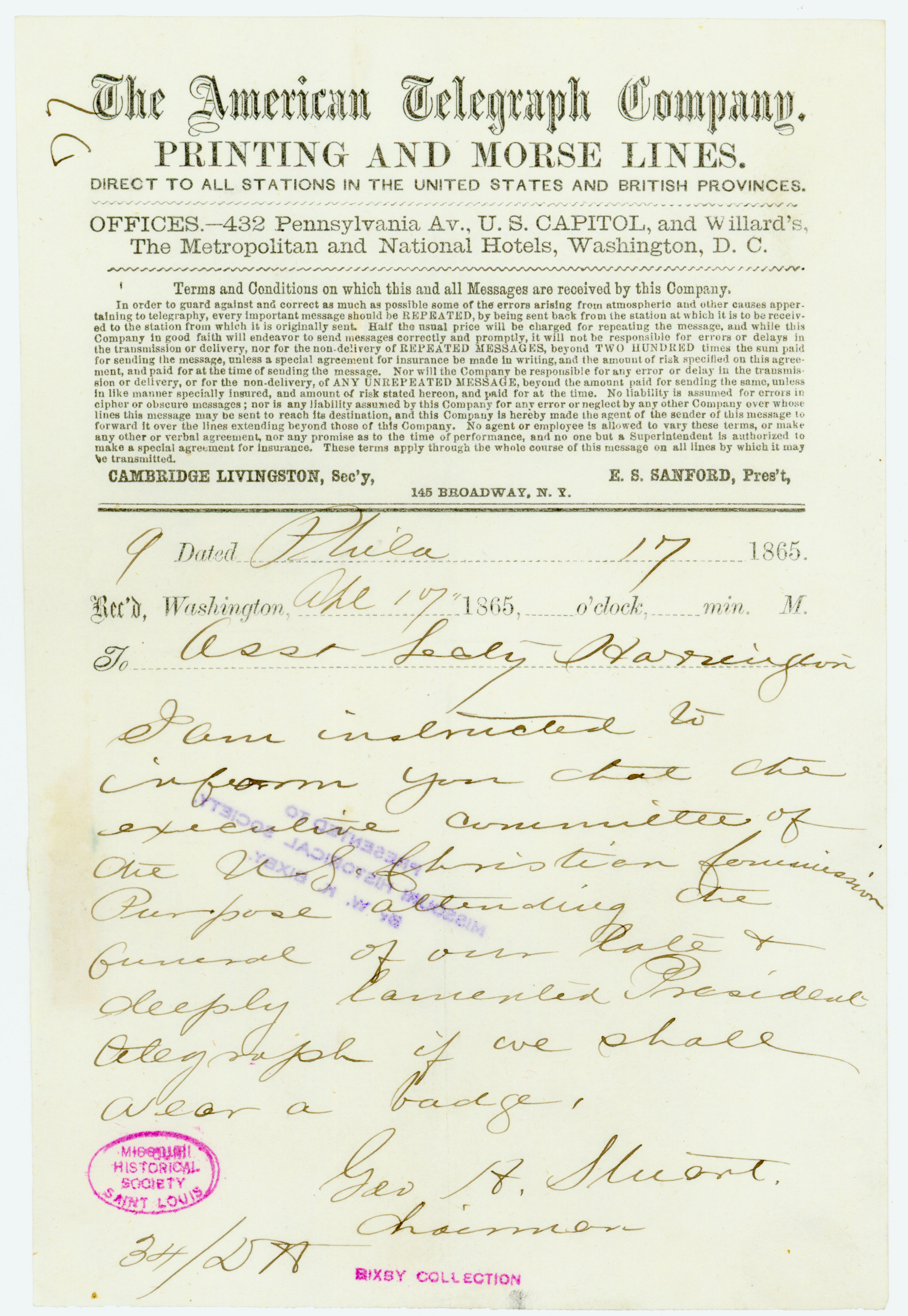 American Telegraph Company telegram of Geo. H. Stuart [George H. Stuart], Chairman, Phila., to Asst. Secty. Harrington [George Harrington], April 17, 1865
