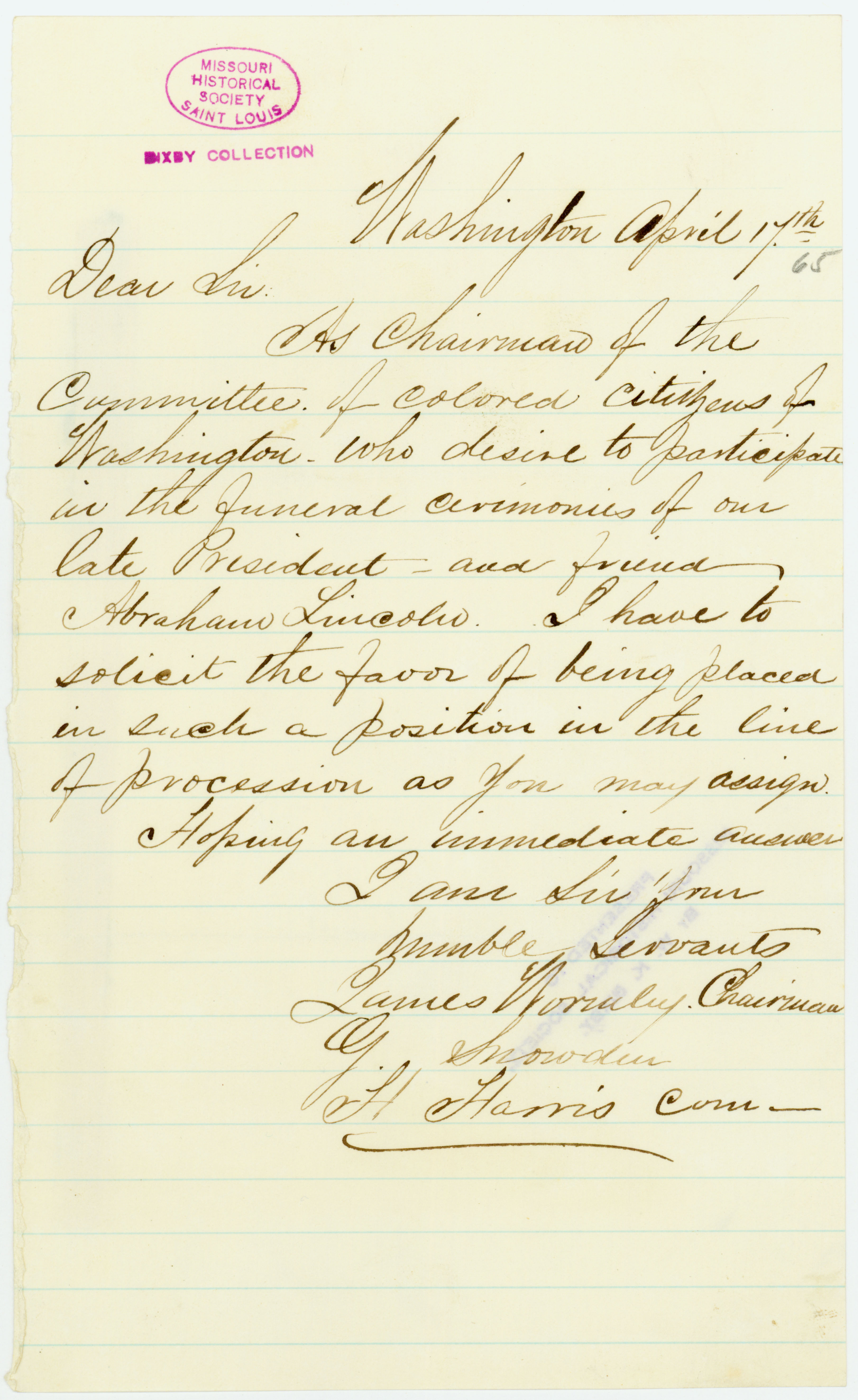 Letter of James Wormley, G. Snowden, and H. Harris, Washington, [to George Harrington], April 17, 1865