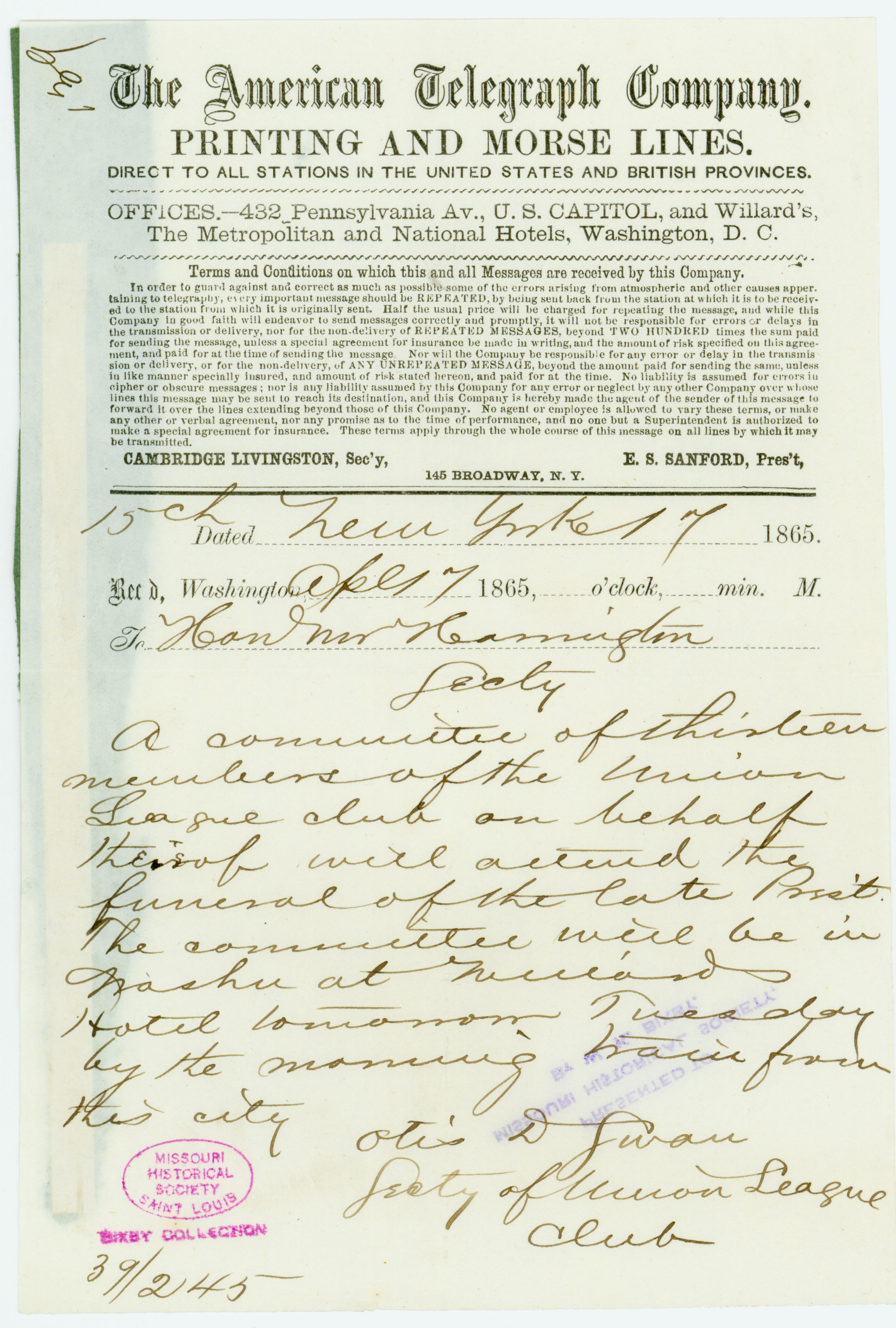 American Telegraph Company telegram of Otis D. Swan, Secty. of Union League Club, New York, to Hon. Mr. Harrington, April 17, 1865