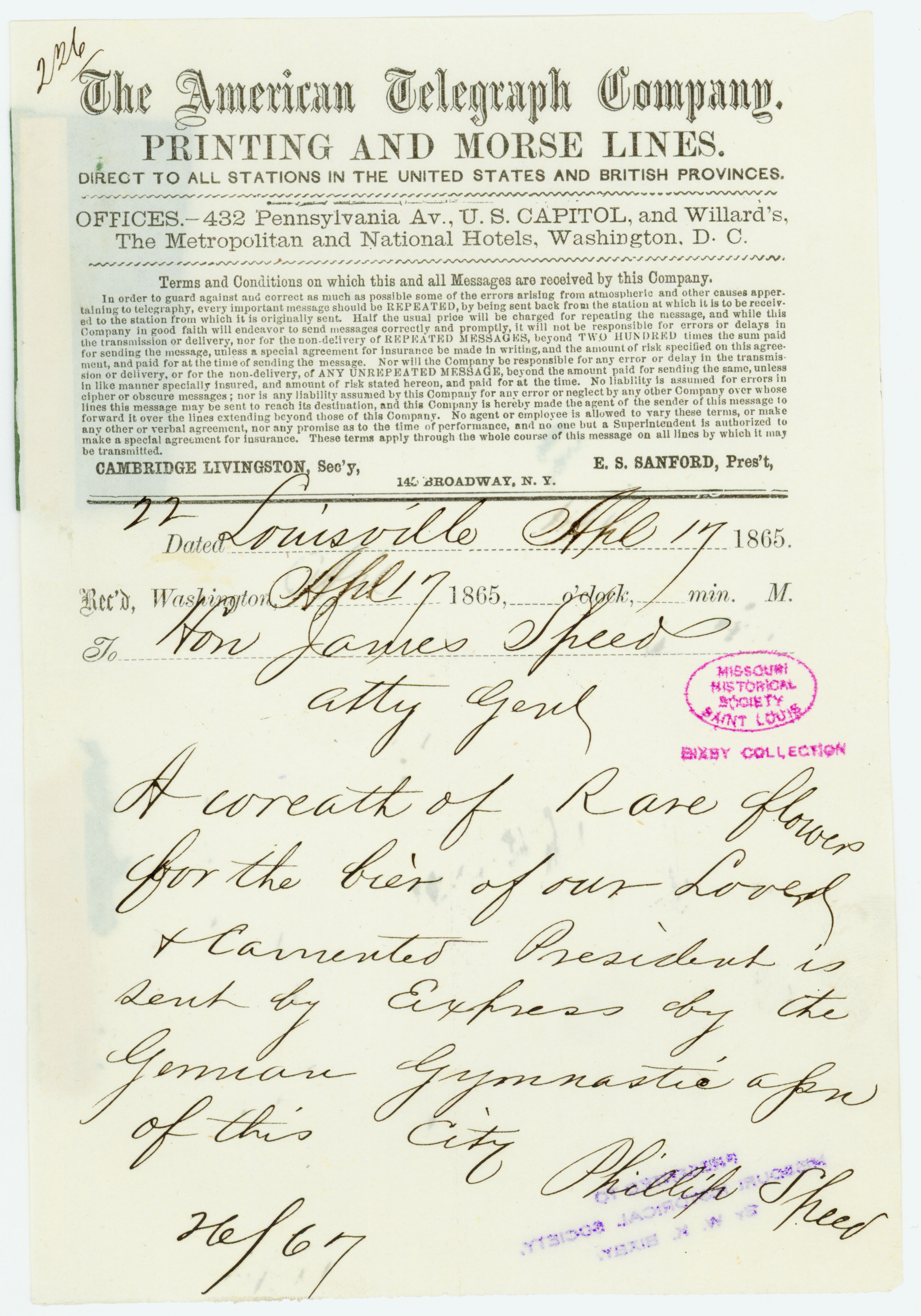 American Telegraph Company telegram of Phillip Speed, Louisville, to Hon. James Speed, Atty. Genl., April 17, 1865