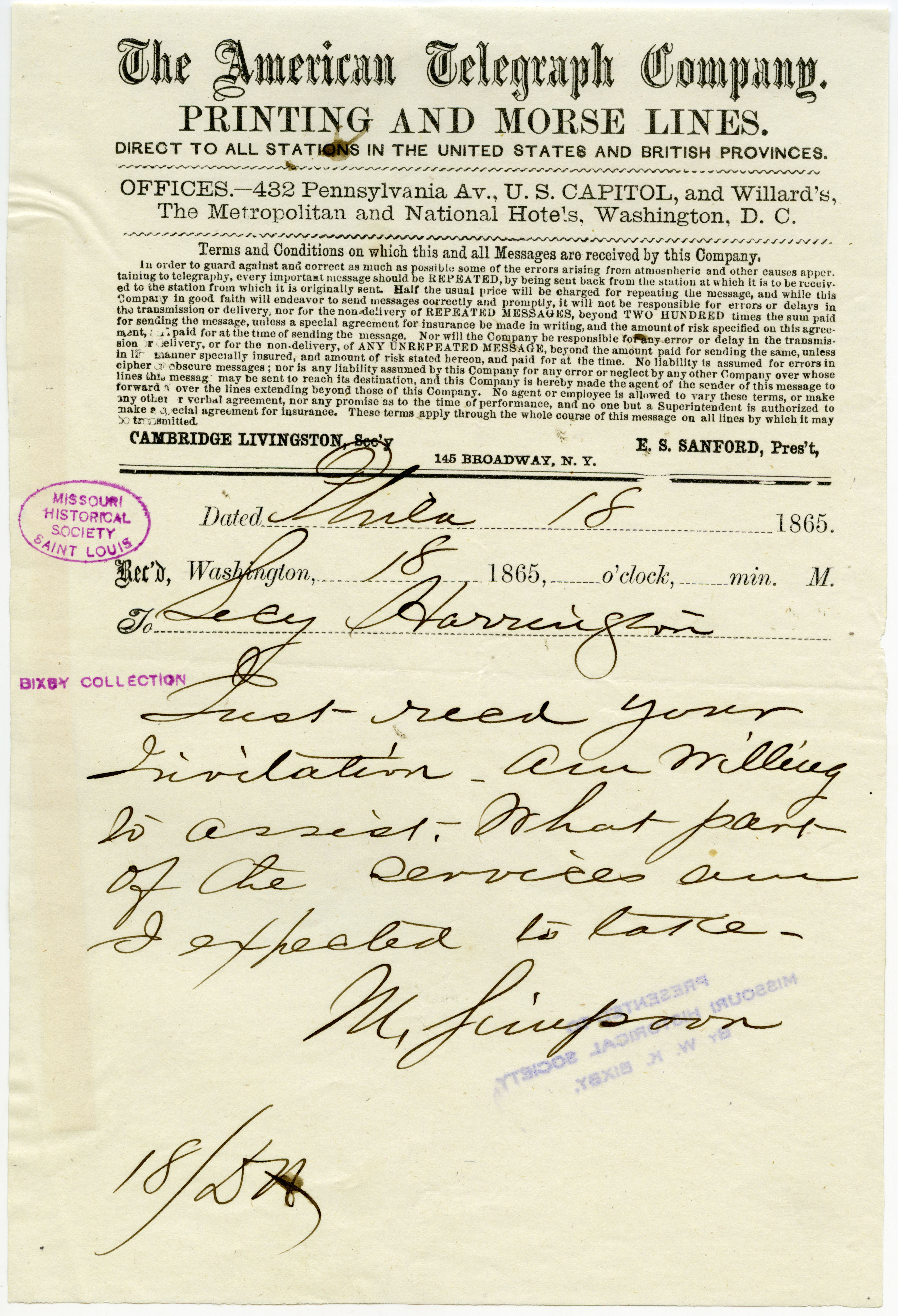 American Telegraph Company telegram of M. Simpson, Phila., to Secy. Harrington [George Harrington], April 18, 1865