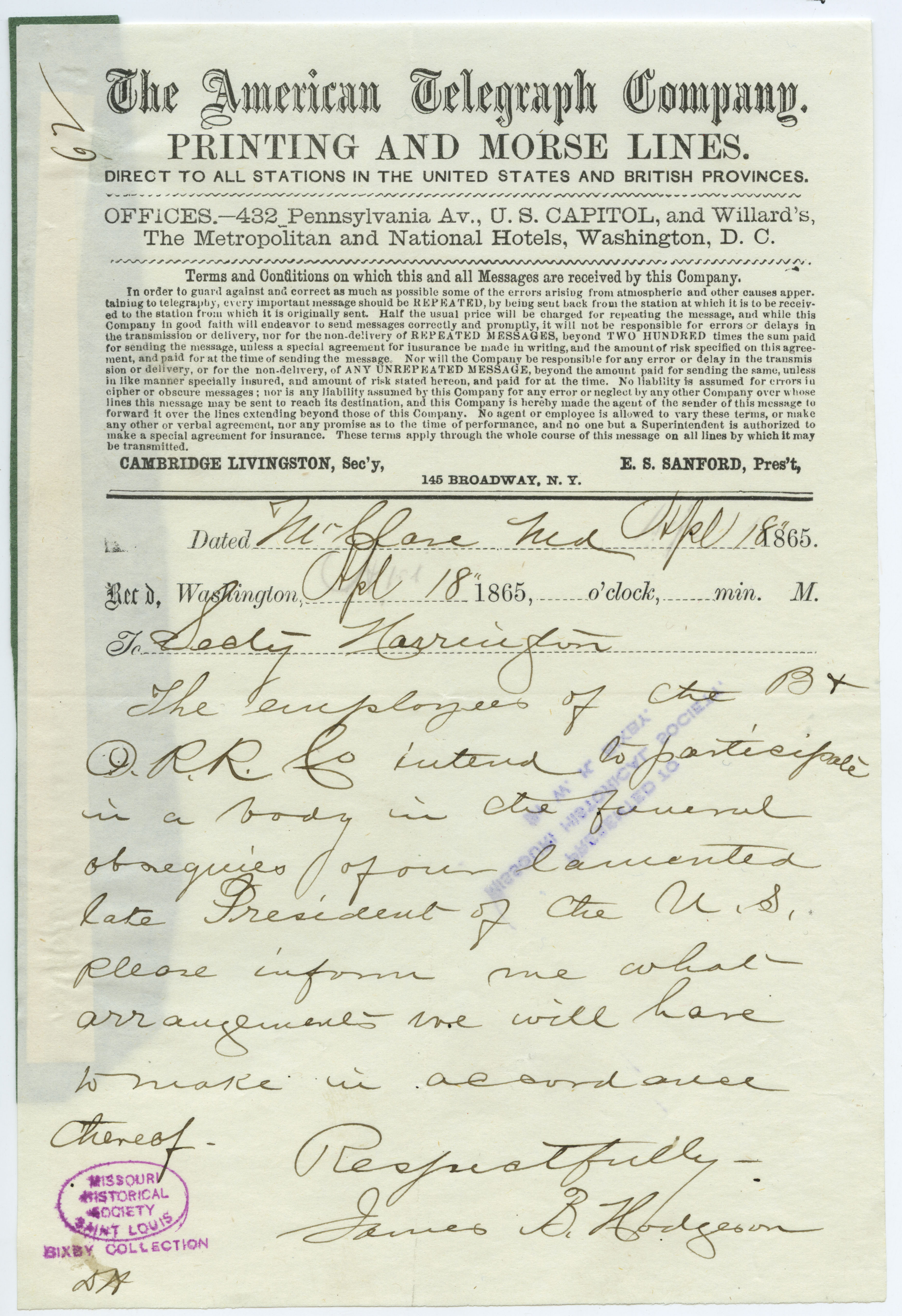 American Telegraph Company telegram of James B. Hodgeson, Mt. Clare, Md., to Secty. Harrington [George Harrington], April 18, 1865