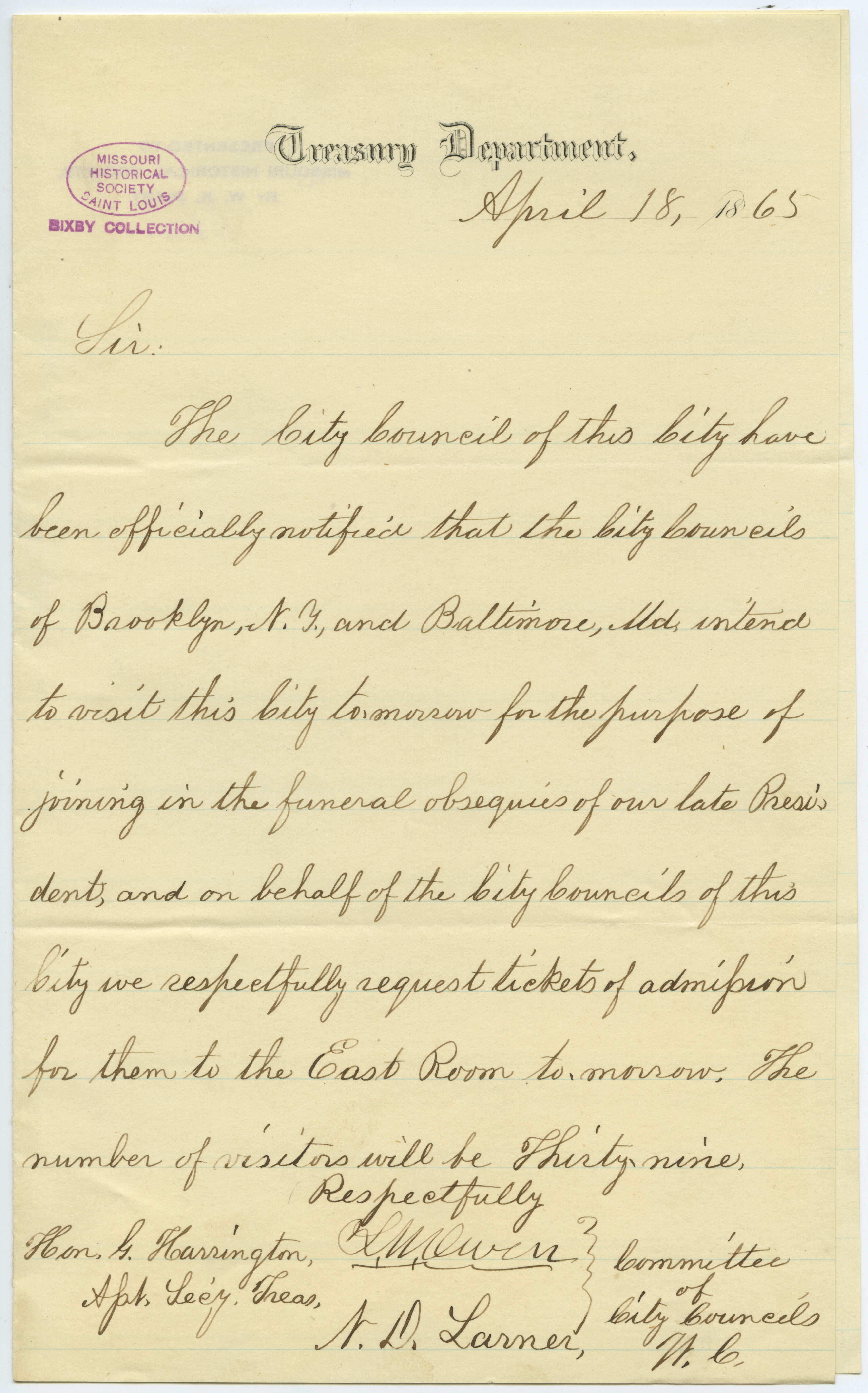 Letter signed L.W. Owen and N.D. Larner, Committee of City Councils, Treasury Department, to Hon. G. Harrington, Asst. Sec'y. Treas., April 18, 1865