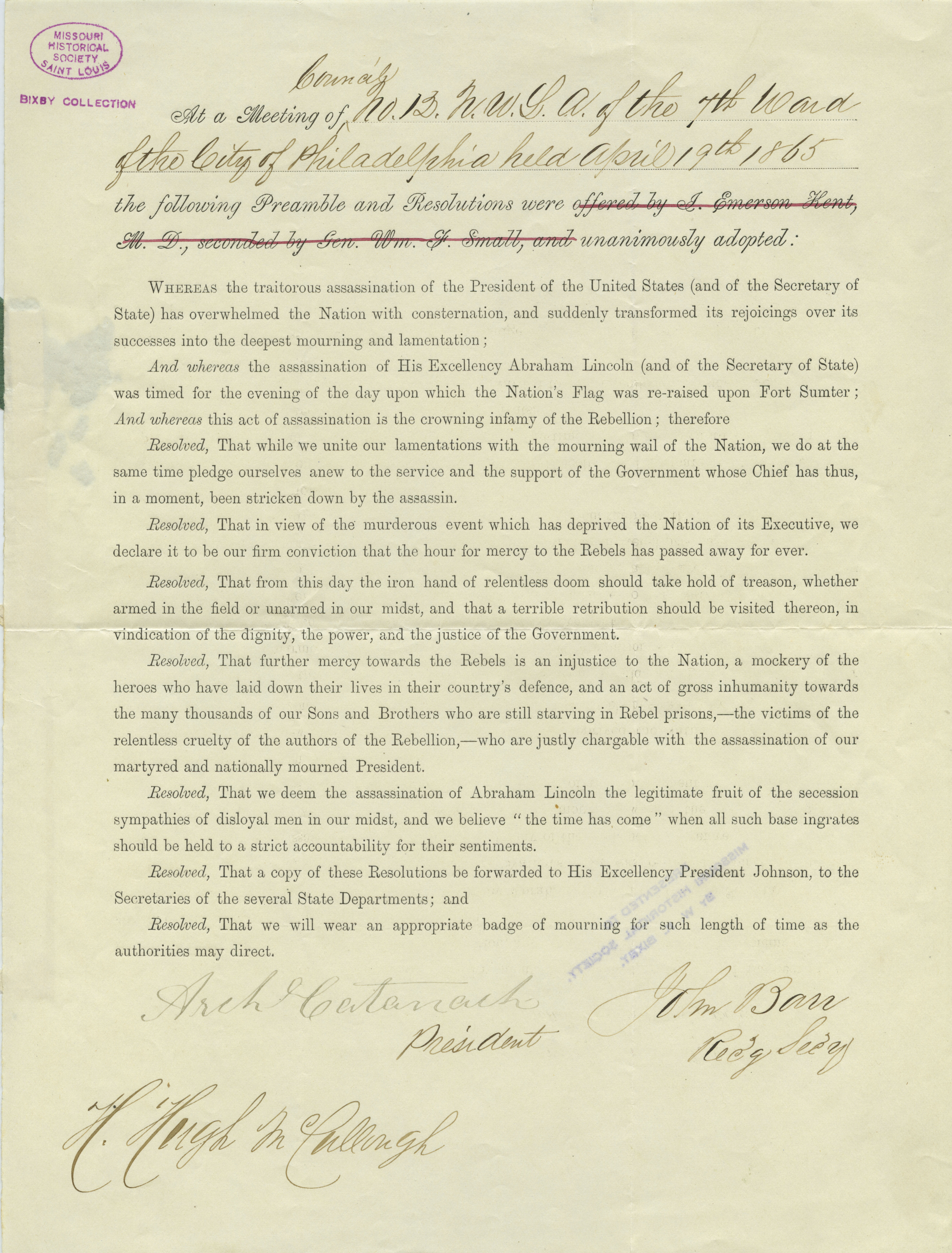 Resolution passed by the 7th Ward of the City of Philadelphia relating to the assassination of the late President Lincoln, April 19, 1865