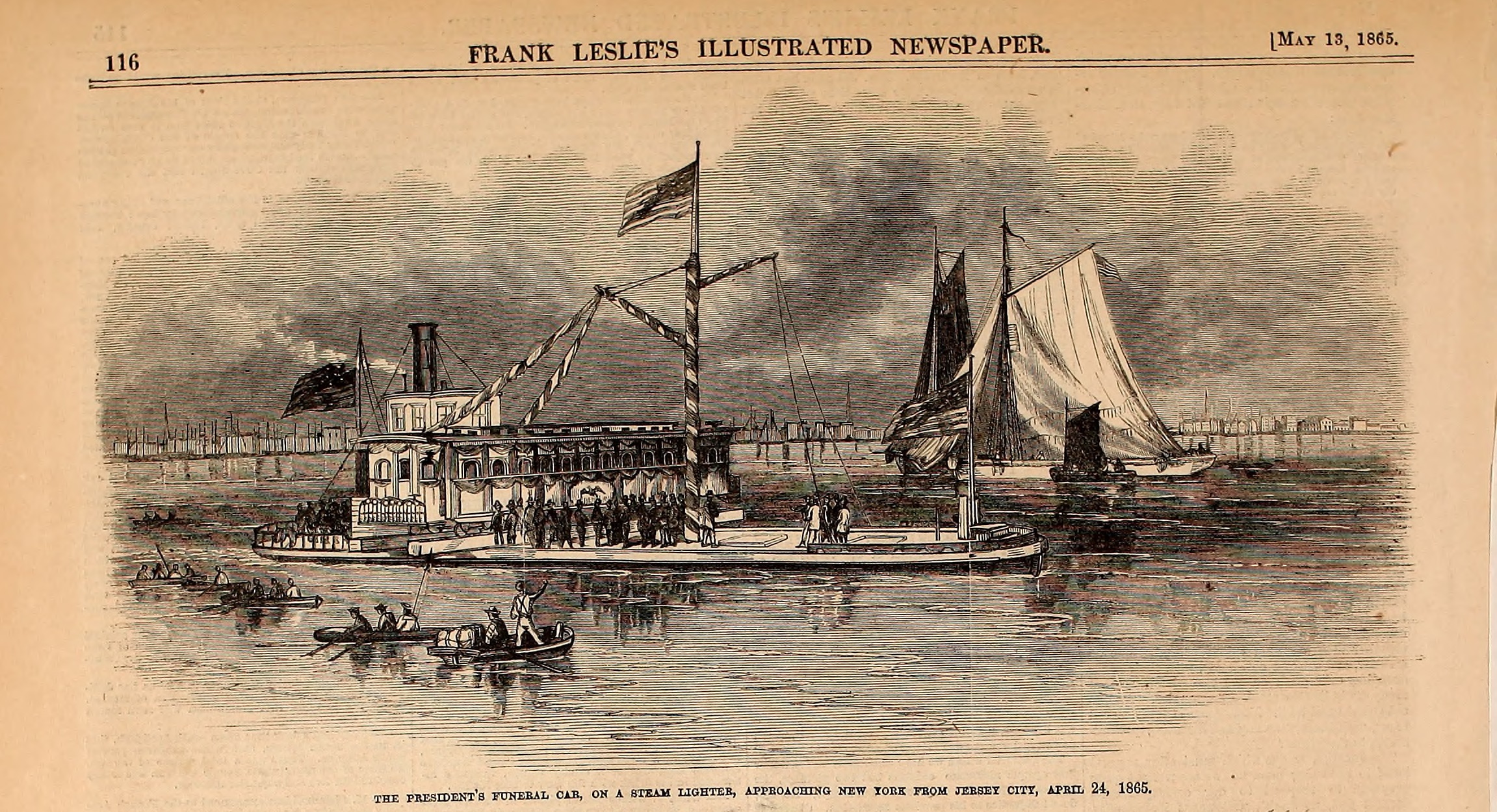 President Lincoln's Funeral Train on a Steamer - Frank Leslie's Illustrated Newspaper Drawing