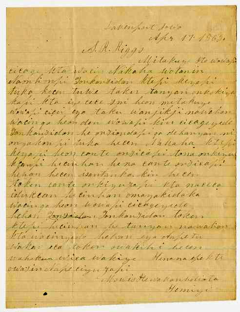 Letter from Moses Many Lightning Face to S. R. Riggs from Davenport, Iowa