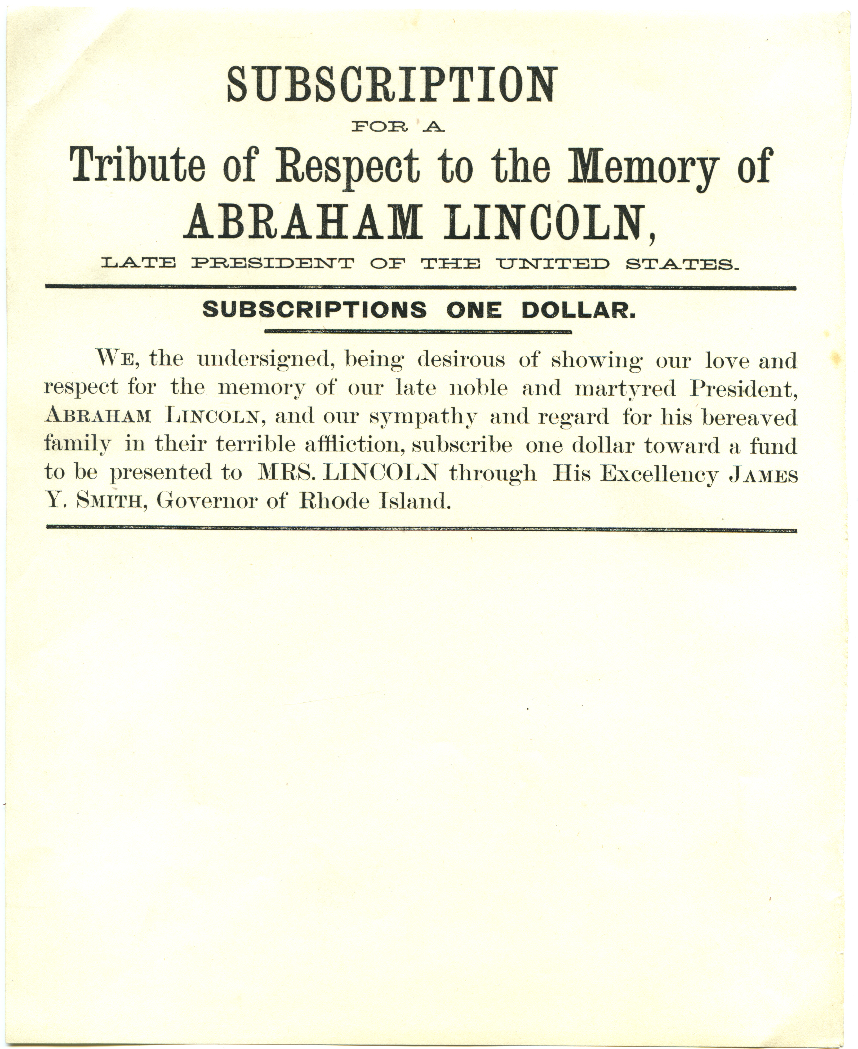 Subscription for a Tribute of Respect to the Memory of Abraham Lincoln, Late President of the United States