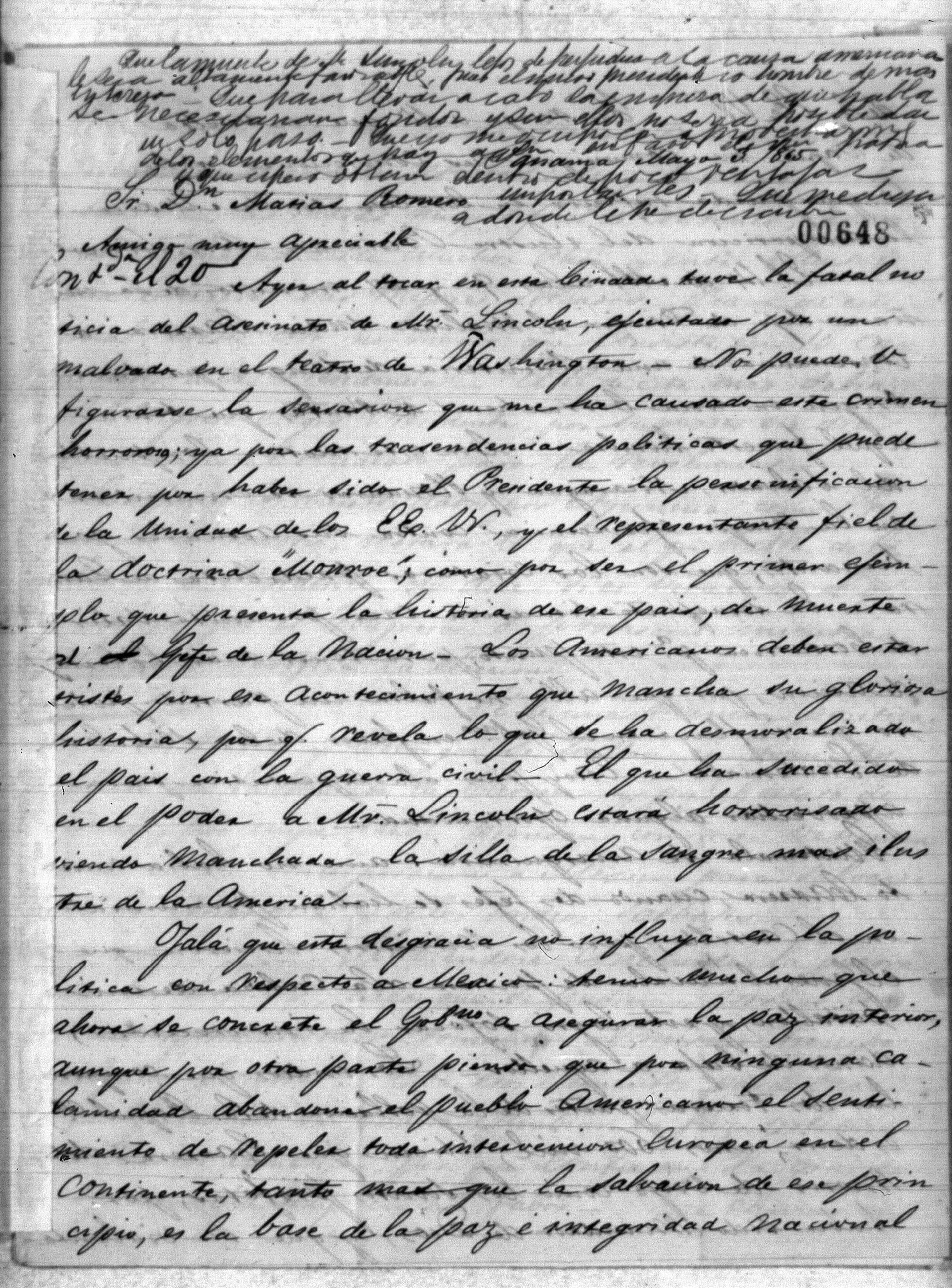 Letter to Mexican diplomat Matias Romero from G. Barrios