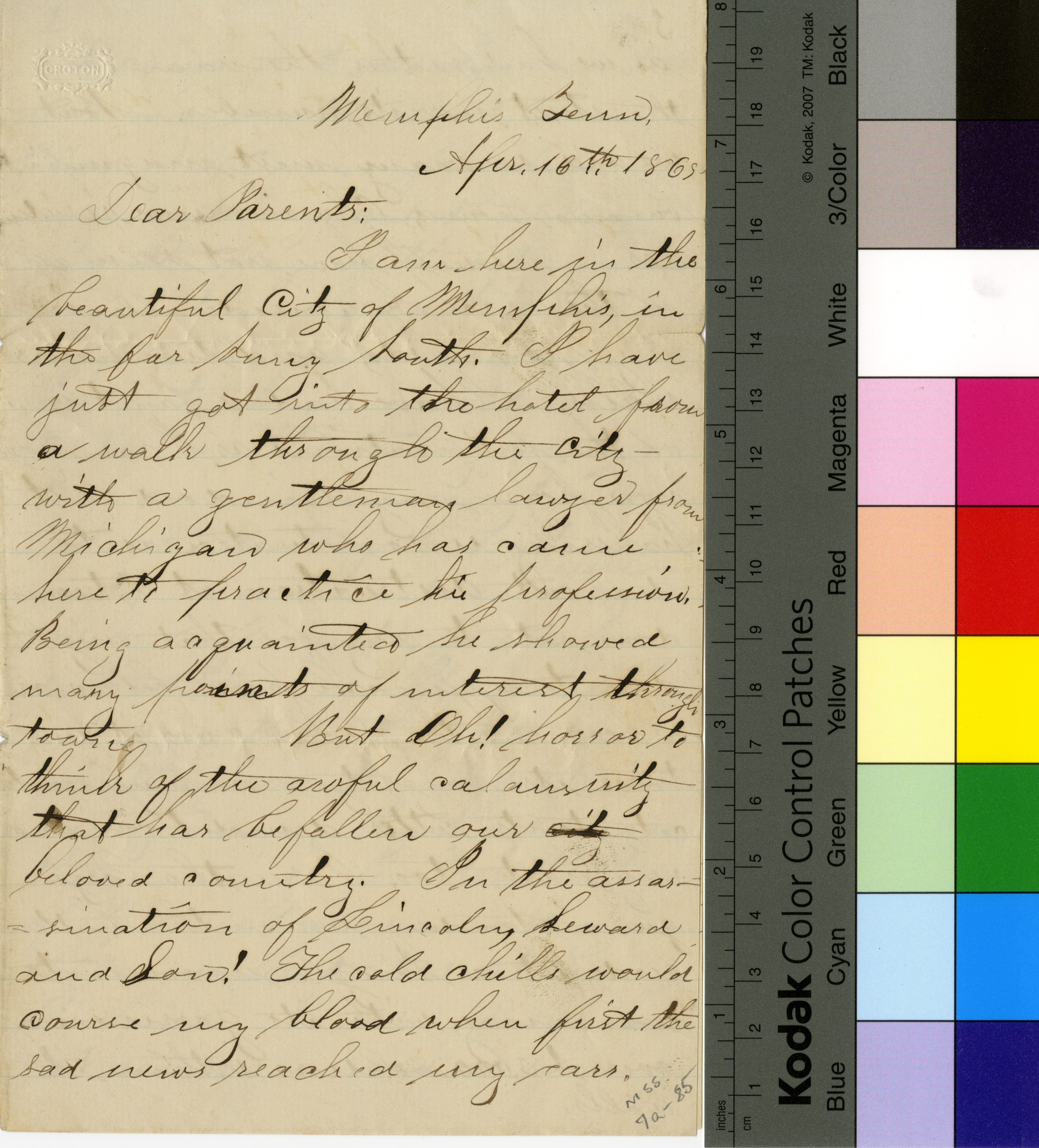 Handwritten Letter to Dear Parents from J. D. McClure, April 16, 1865