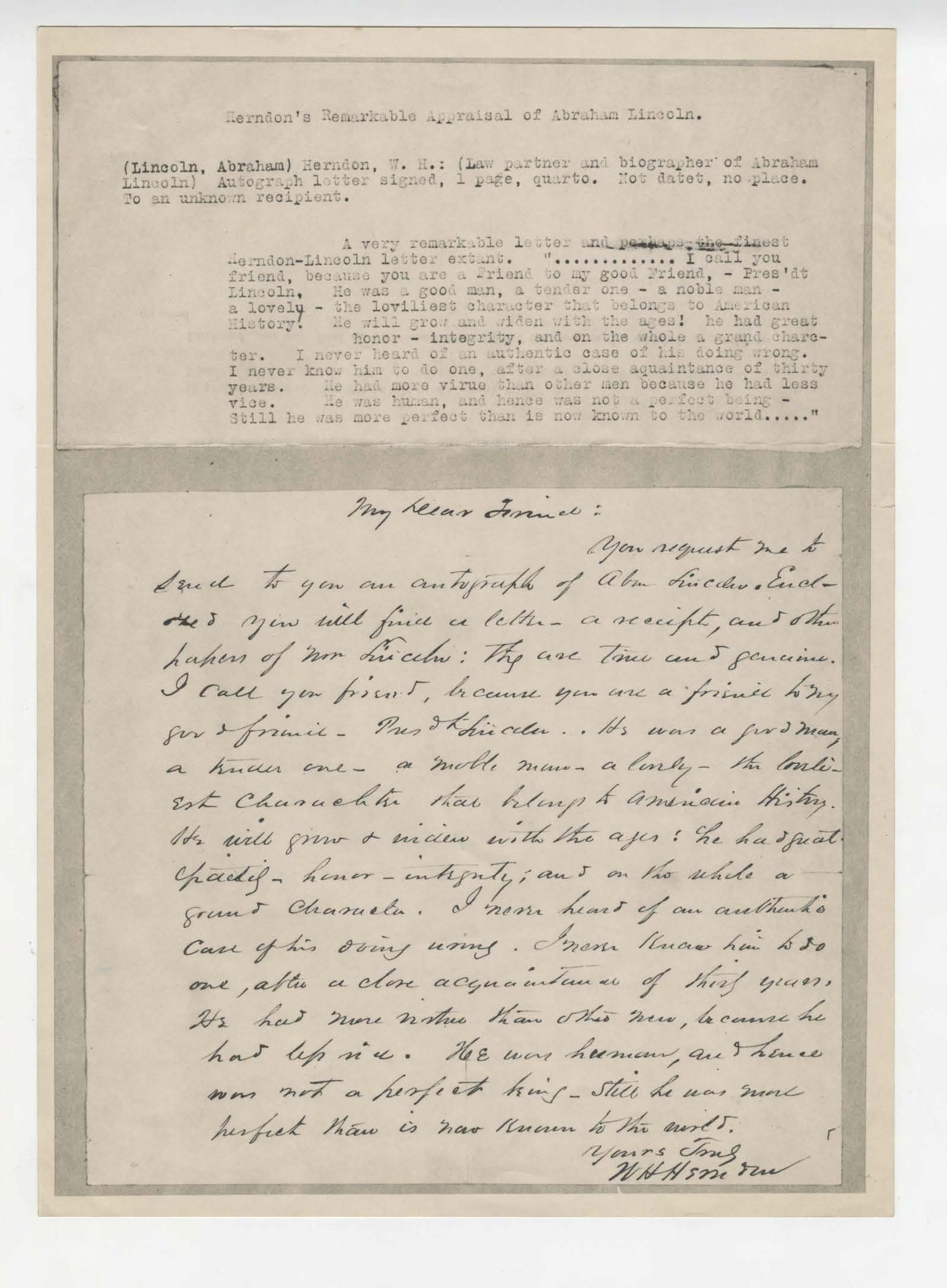 A letter William H. Herndon to an unknown person