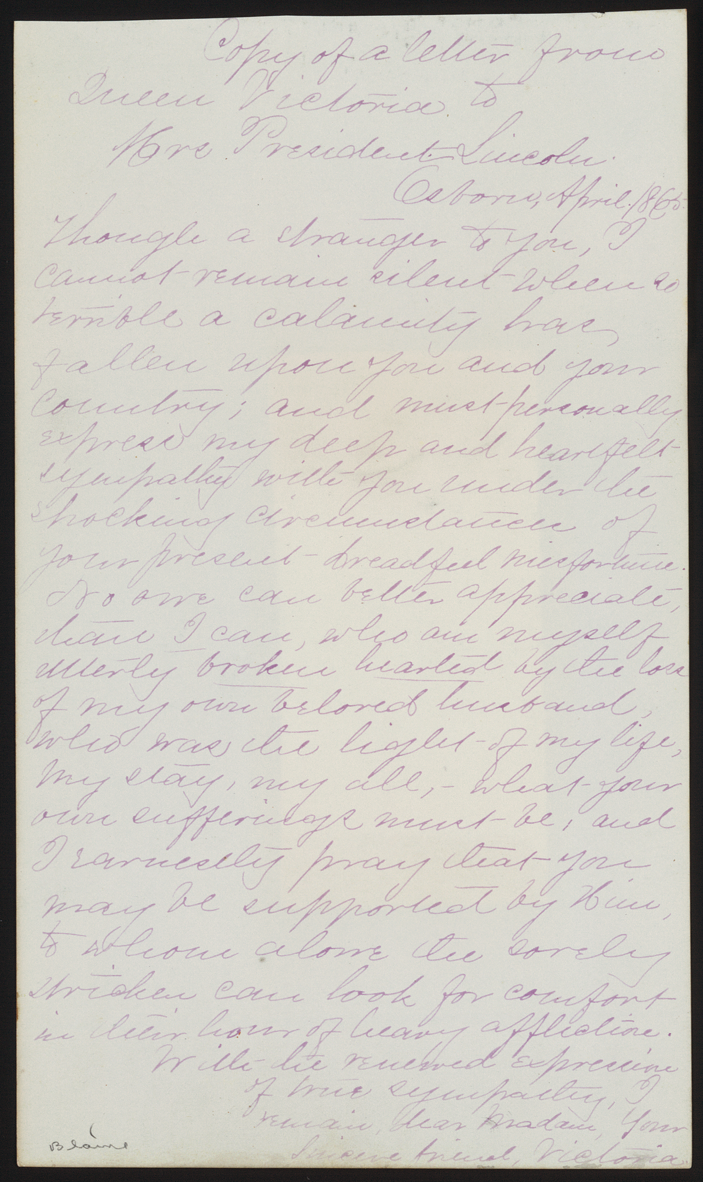 Letter to Mary Todd Lincoln from Queen Victoria