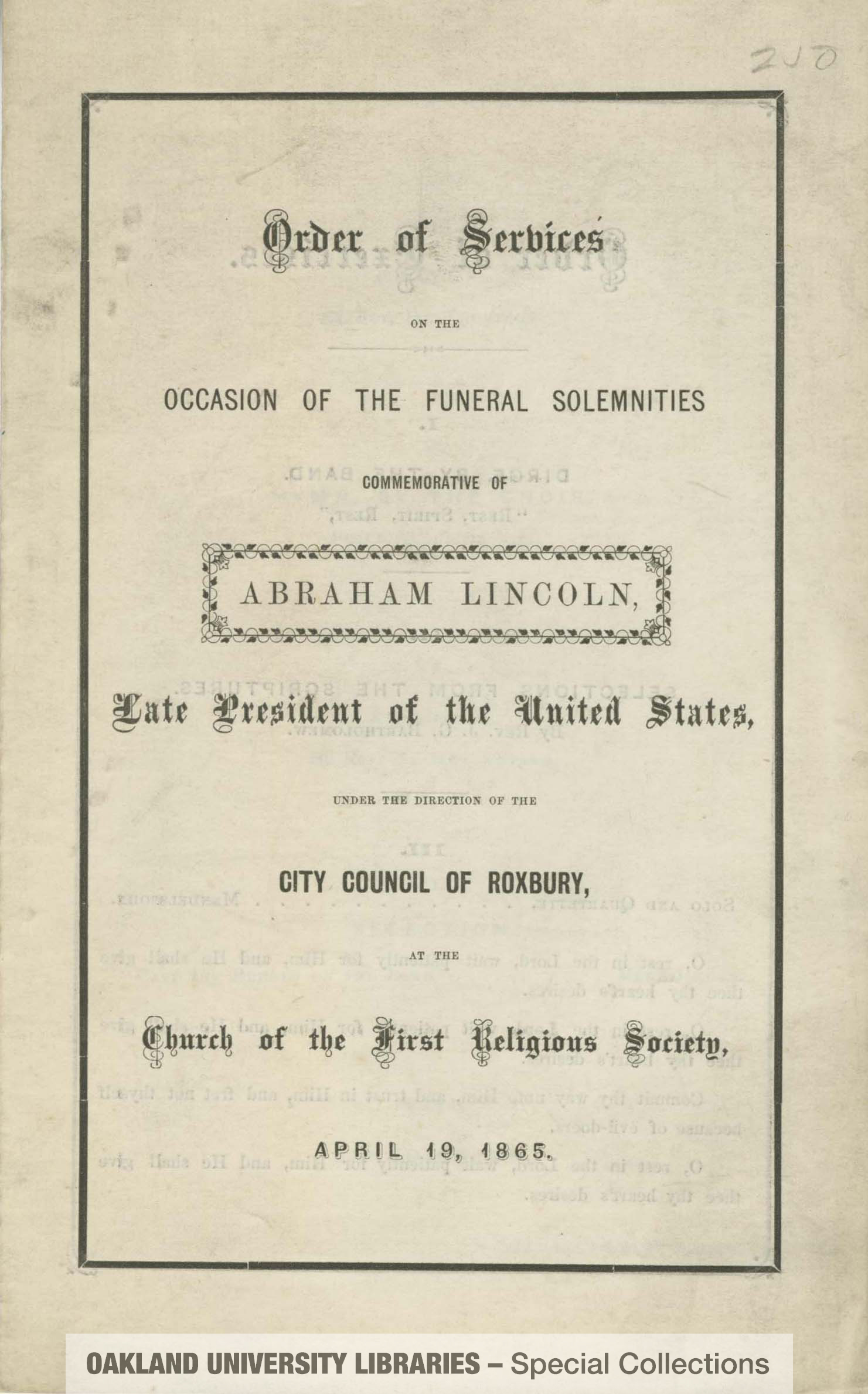 Order of Services on the Occasion of the Funeral Solemnities Commemorative of Abraham Lincoln, Late President of the United States