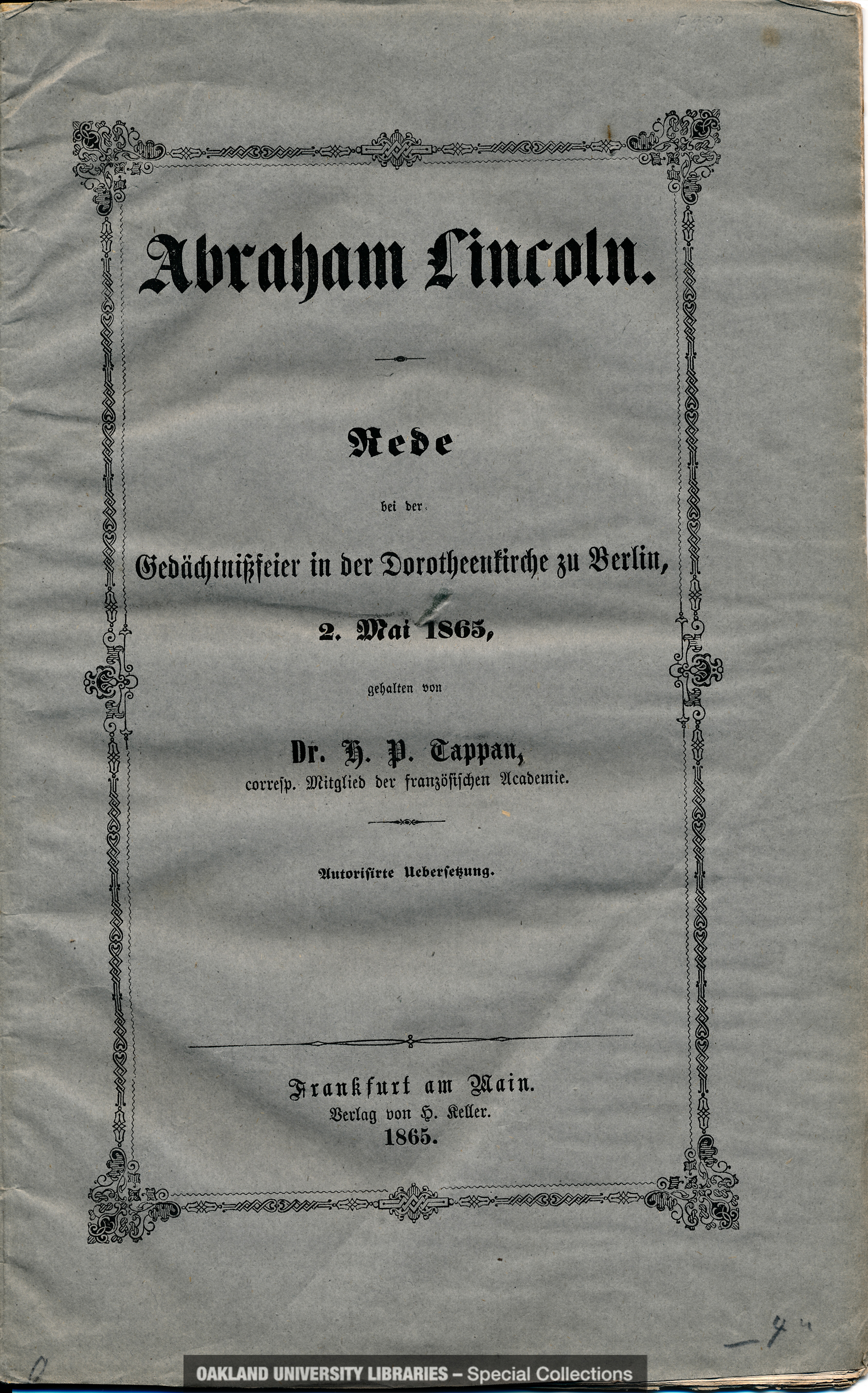 Abraham Lincoln: Rede bei der Gedachtnissfeier in der Dorotheenkirche zu Berlin