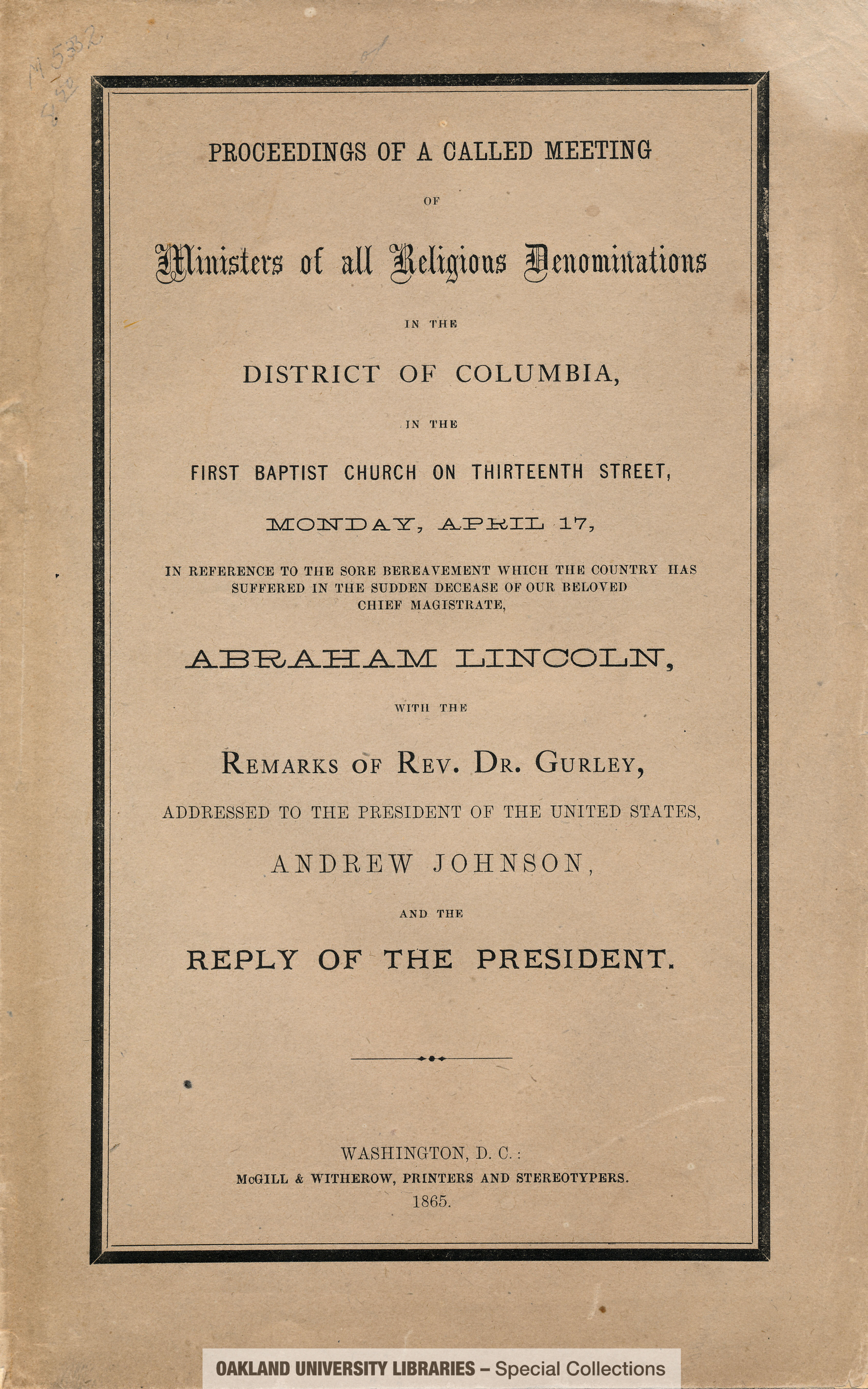 Proceedings of a called meeting of ministers of all religious denominations in the District of Columbia, in the First Baptist Church on Thirteenth Street, Monday, April 17