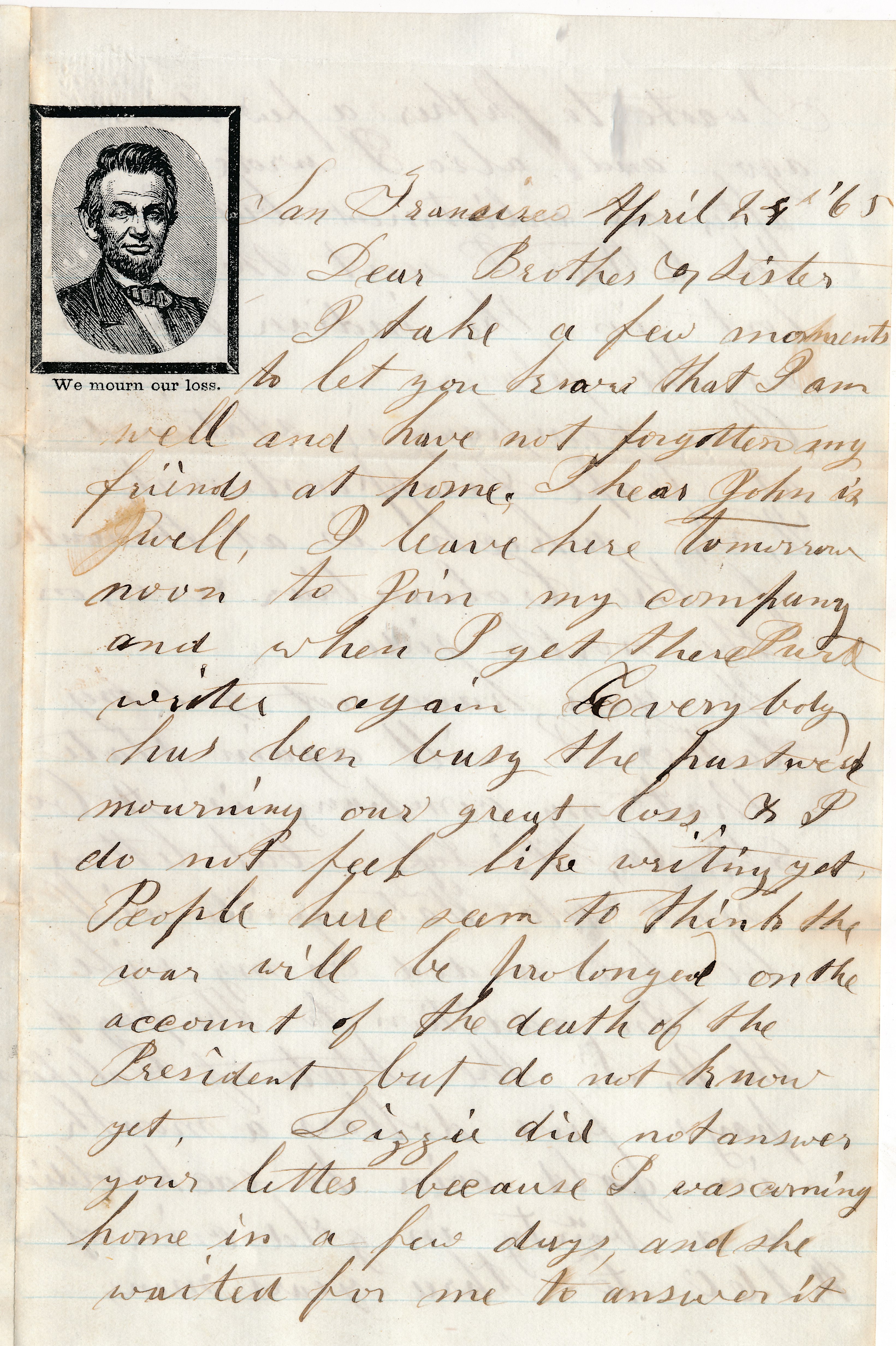 Letter from Danson C. Tolman 8th Infantry to his sister April 24, 1865