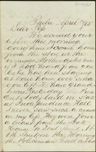 Letter to Benjamin Thackara from A. M. Thackara, April 24, 1865.