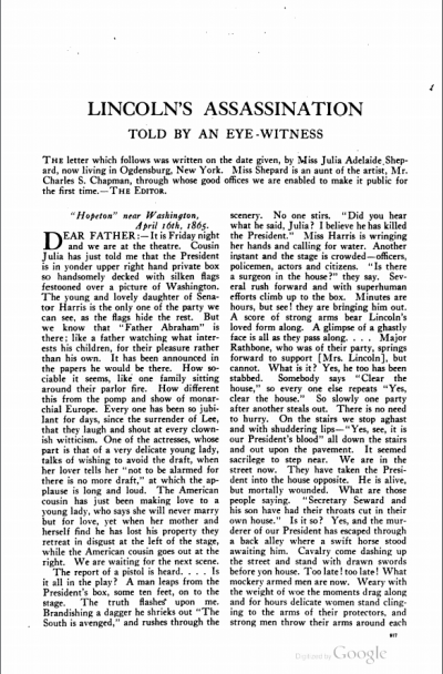 Lincoln's Assassination Told by an Eye Witness 