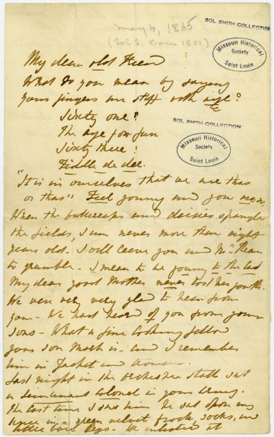 Letter of Ellen Kean, New York, to Sol Smith, May 4, 1865