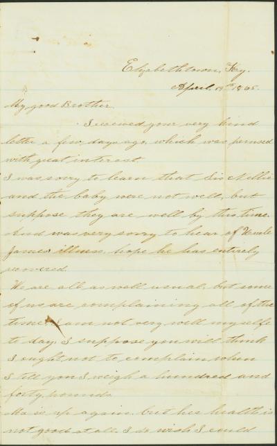 Letter of Sallie Thomas, Elizabethtown, Ky., to Brother [George W. Parker], April 19, 1865