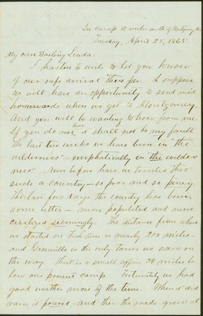Letter of M. J. Miller, In camp 12 miles south of Montgomery, Ala., to Linda, April 25 and 29, 1865